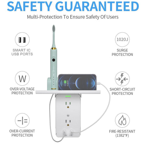 CFMASTER wall outlet extender showing eight outlets and two USB ports for convenient charging.