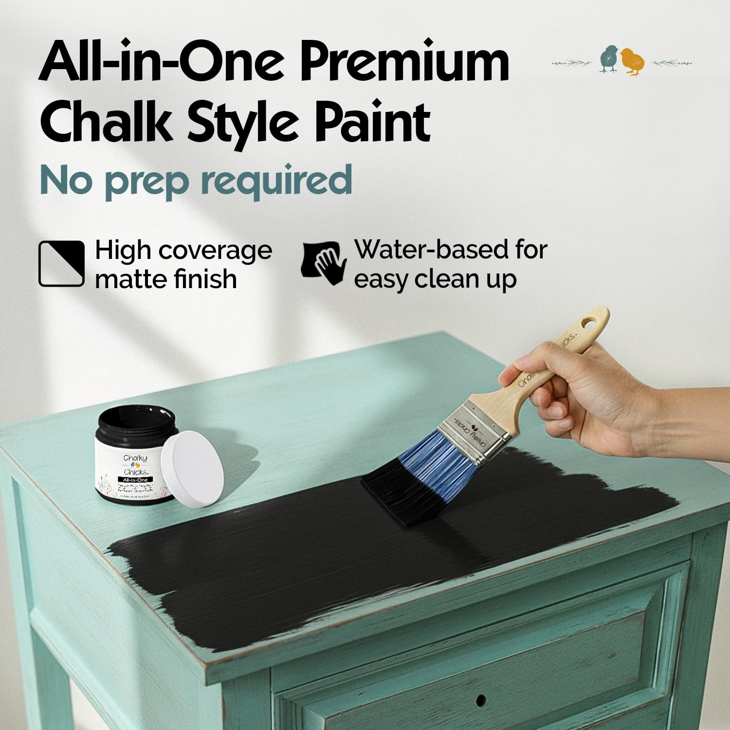 Laminate and glass surface coverage example with Chalky Chicks versatile adhesion.
