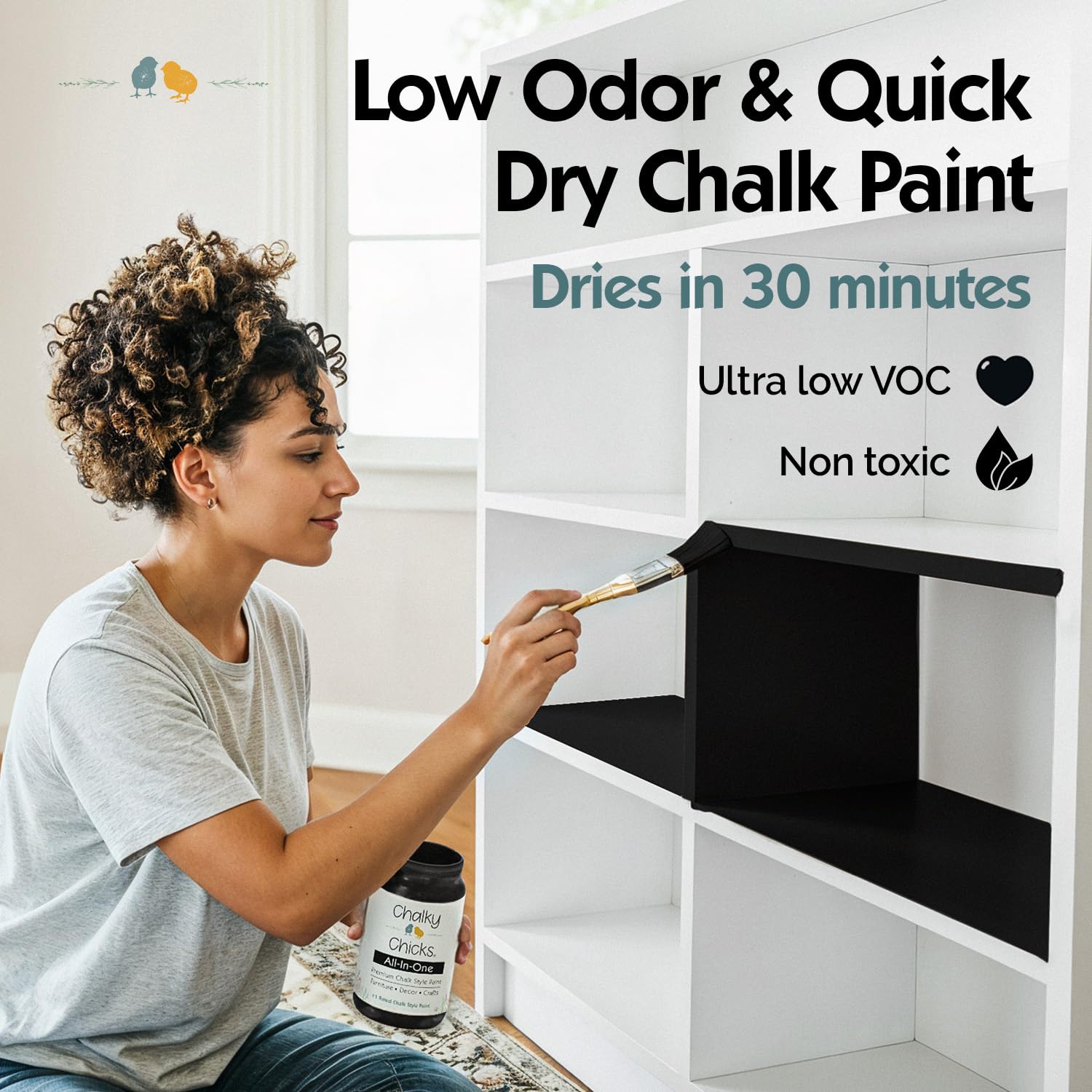 No sanding all-in-one paint in use on a vintage dresser demonstrates ease.