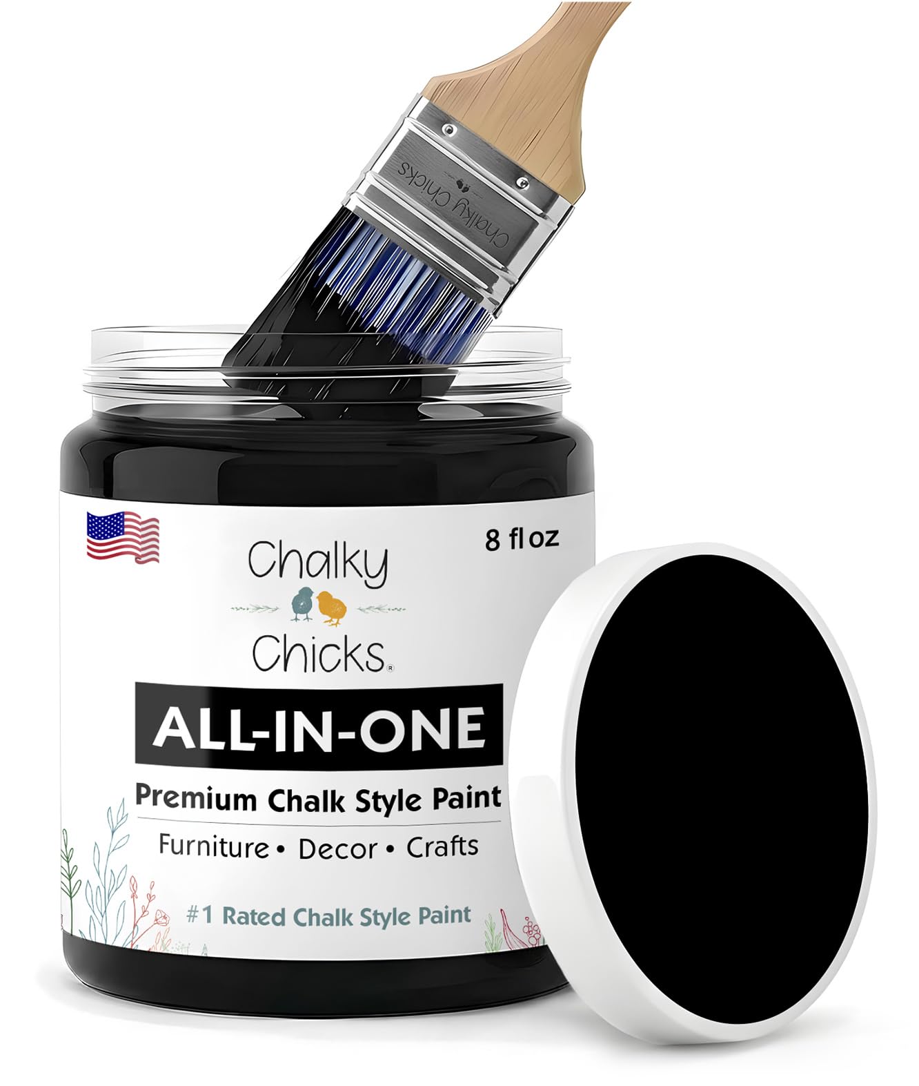 Chalky Chicks Starless Night black paint bottle shows all-in-one coverage for furniture.