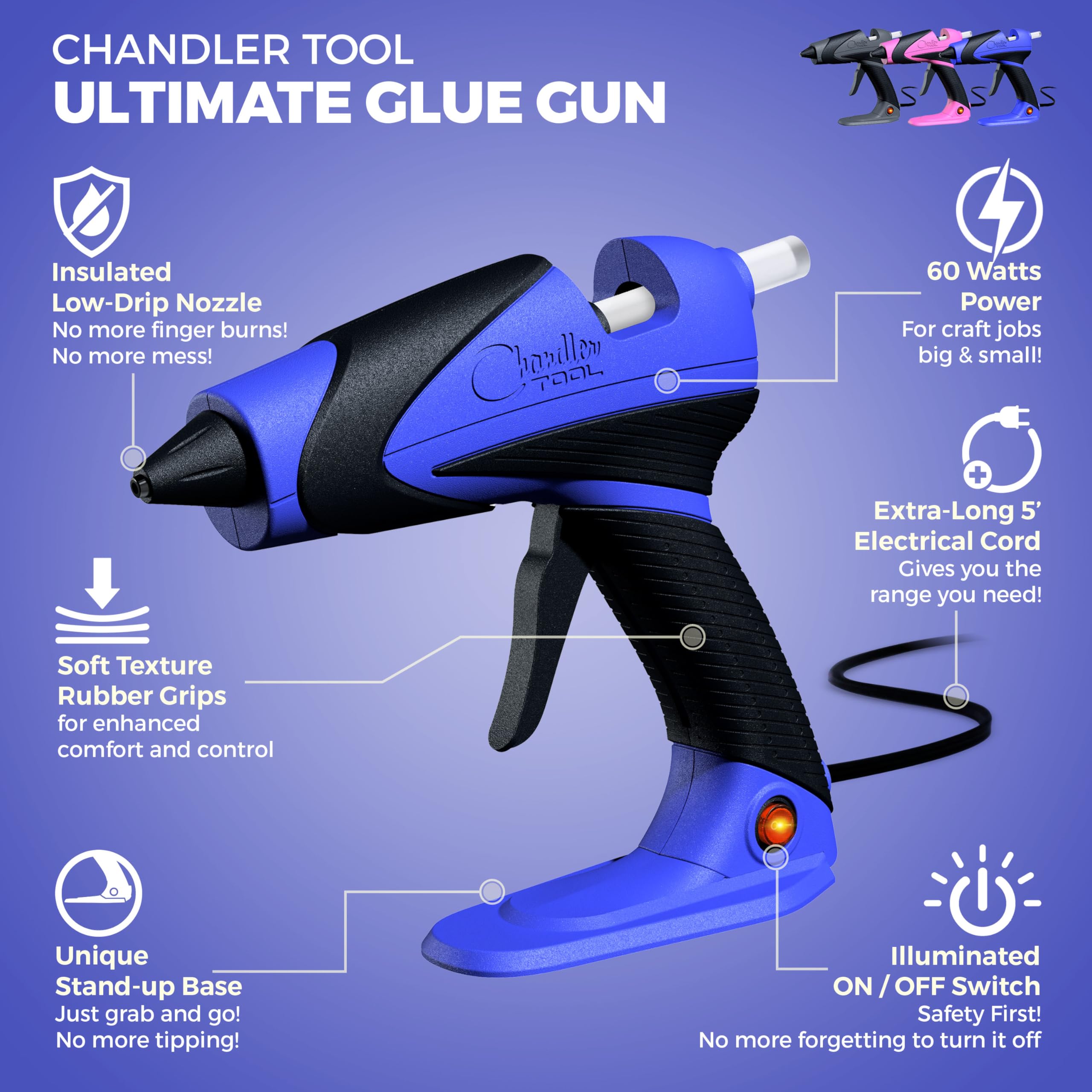 Chandler Tool hot glue gun shown with corded design for uninterrupted crafting sessions.