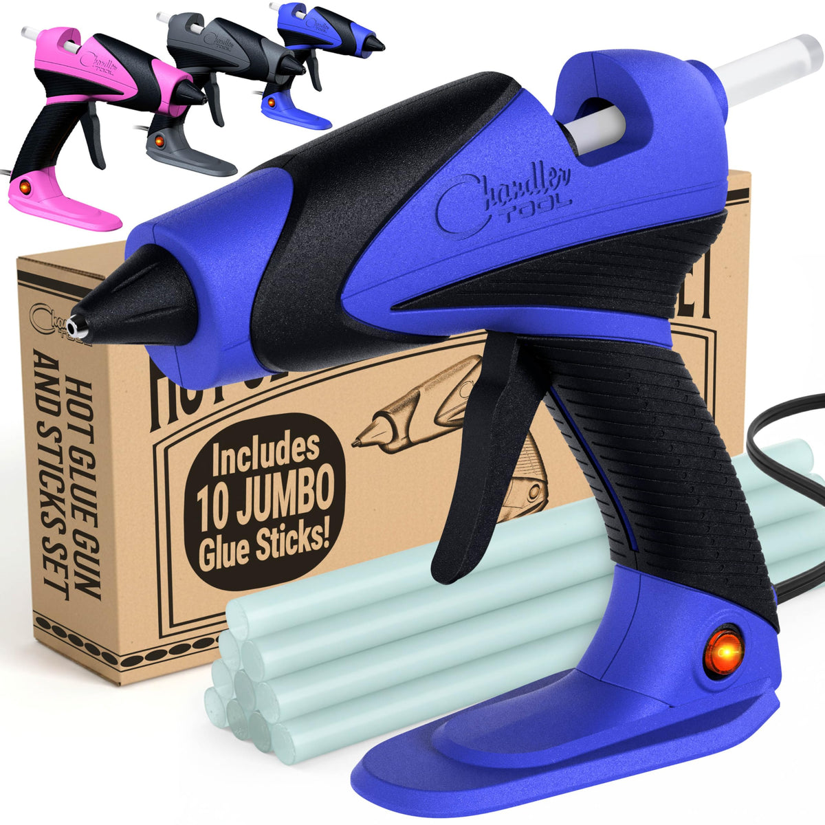 Chandler Tool hot glue gun with stand-up base for quick, stable setup in workshops.