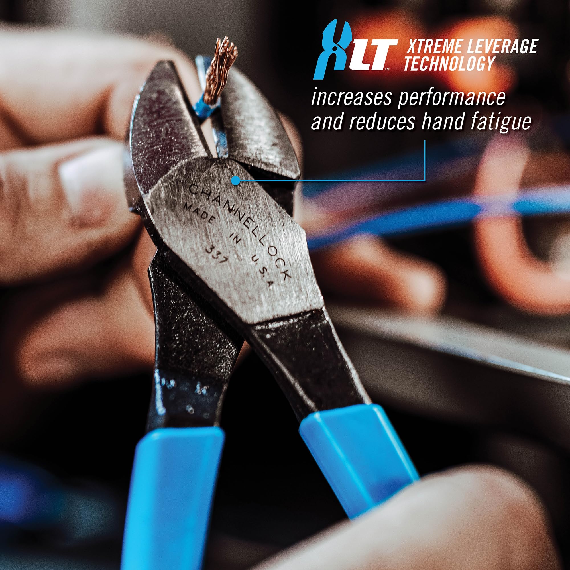 Blue comfort grips on Channellock 337 reduce hand fatigue during tasks