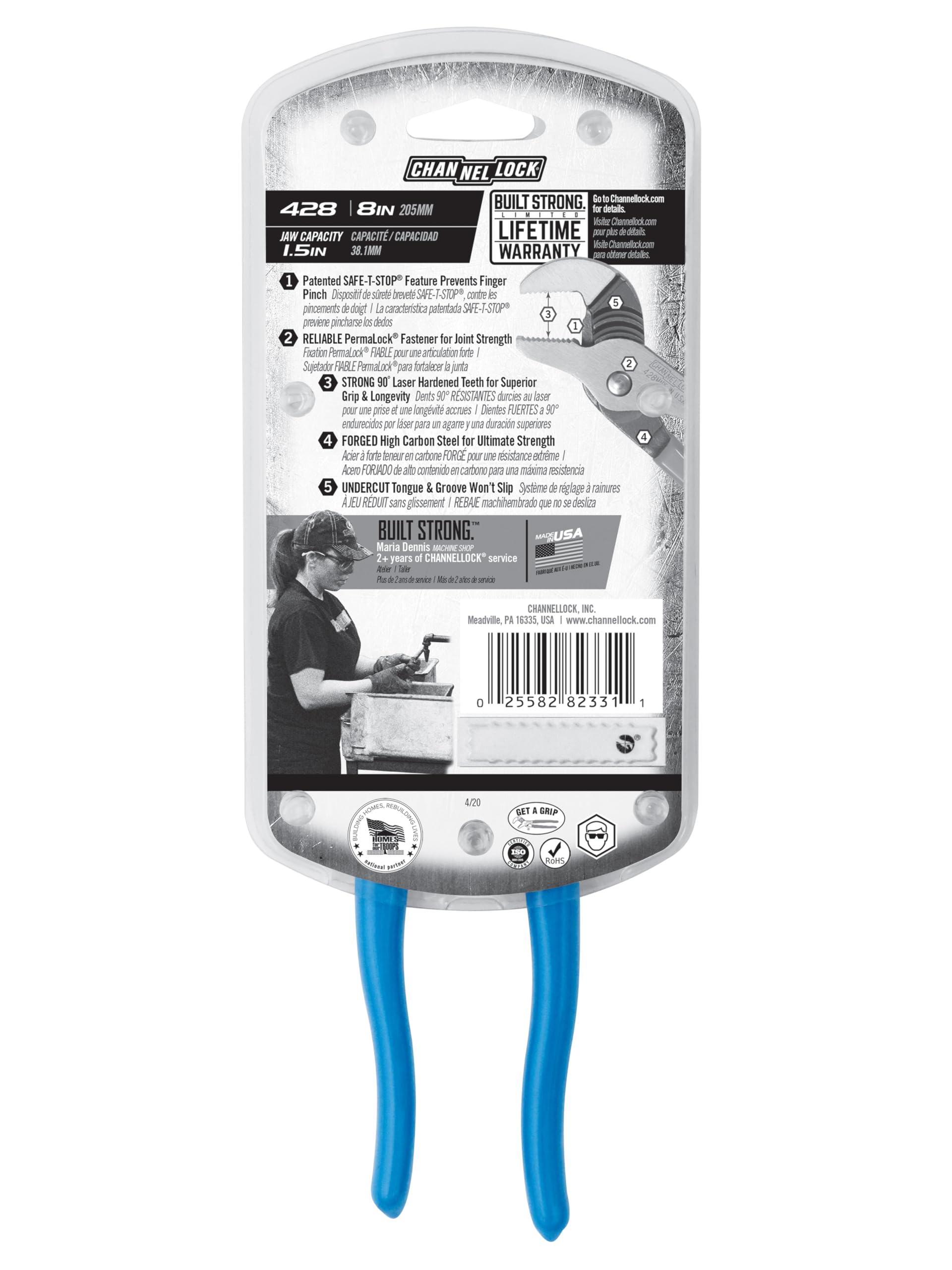 Channellock blue comfort grips ease handling and reduce fatigue.