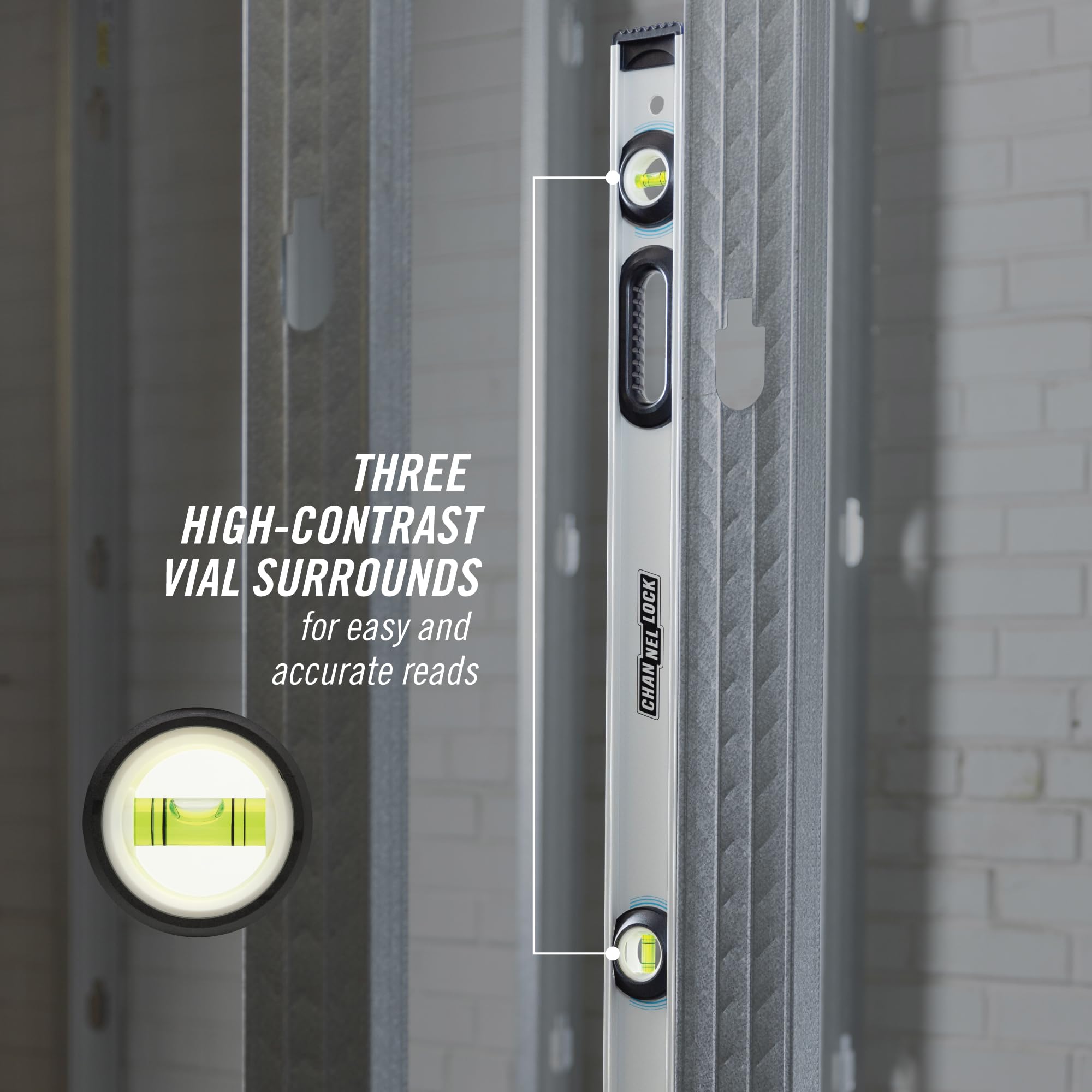 Channellock 48-inch level rugged end caps; durable for rough environments
