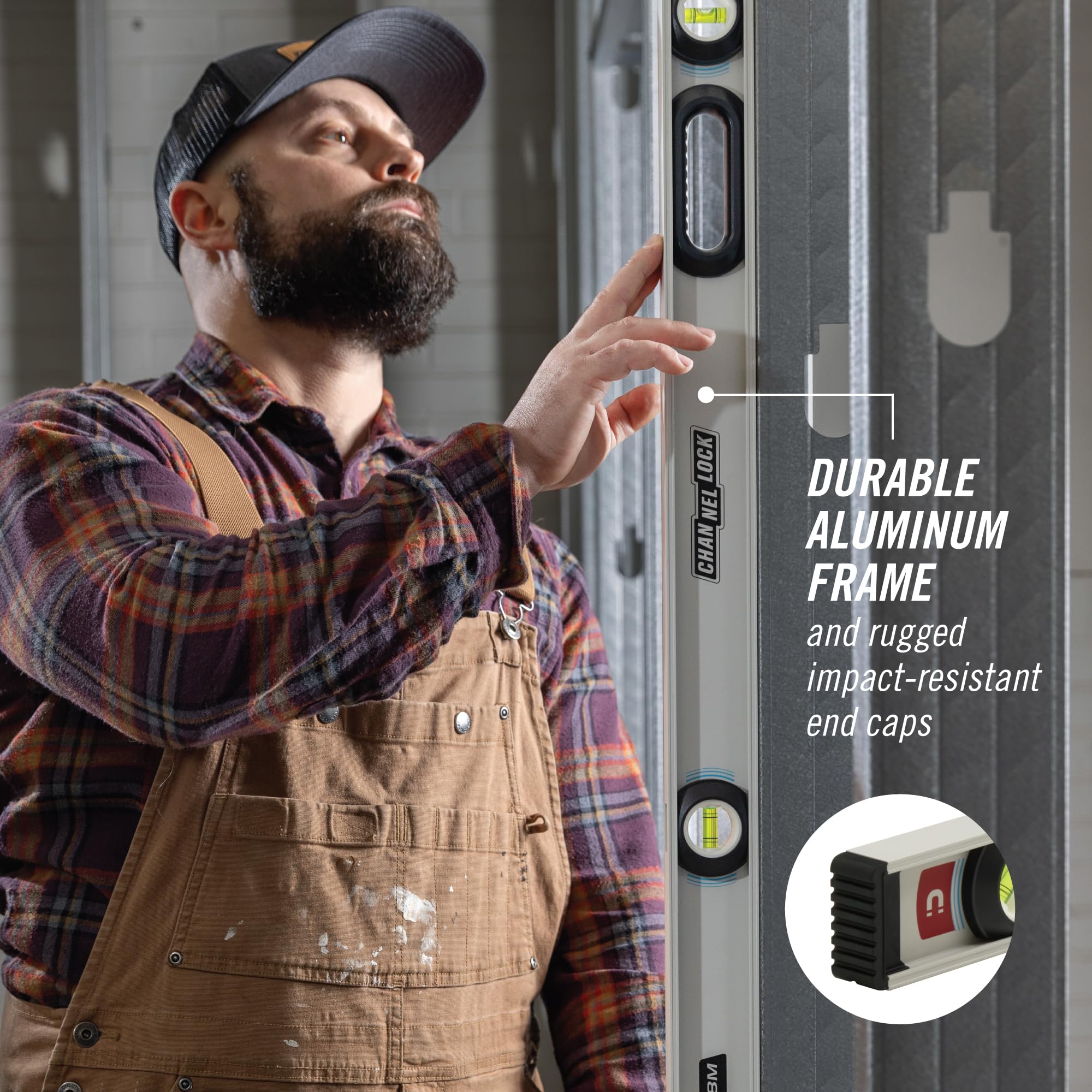 Channellock 48-inch level magnetic strip on metal surface; secure setup
