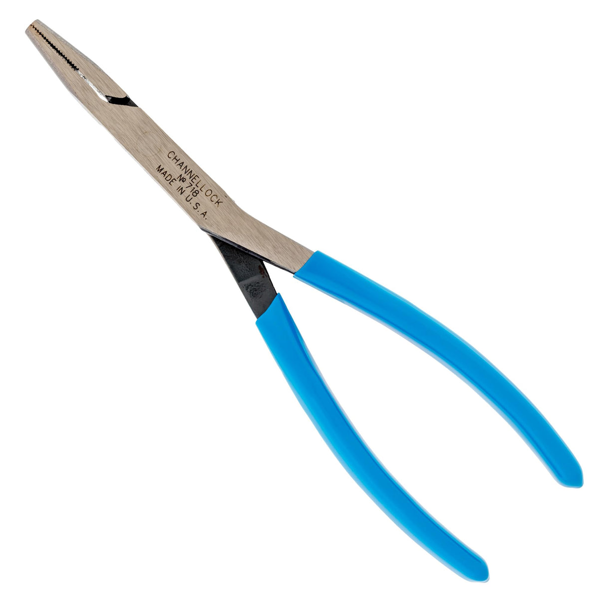 Channellock 718 flat nose pliers designed for long reach in tight spaces.