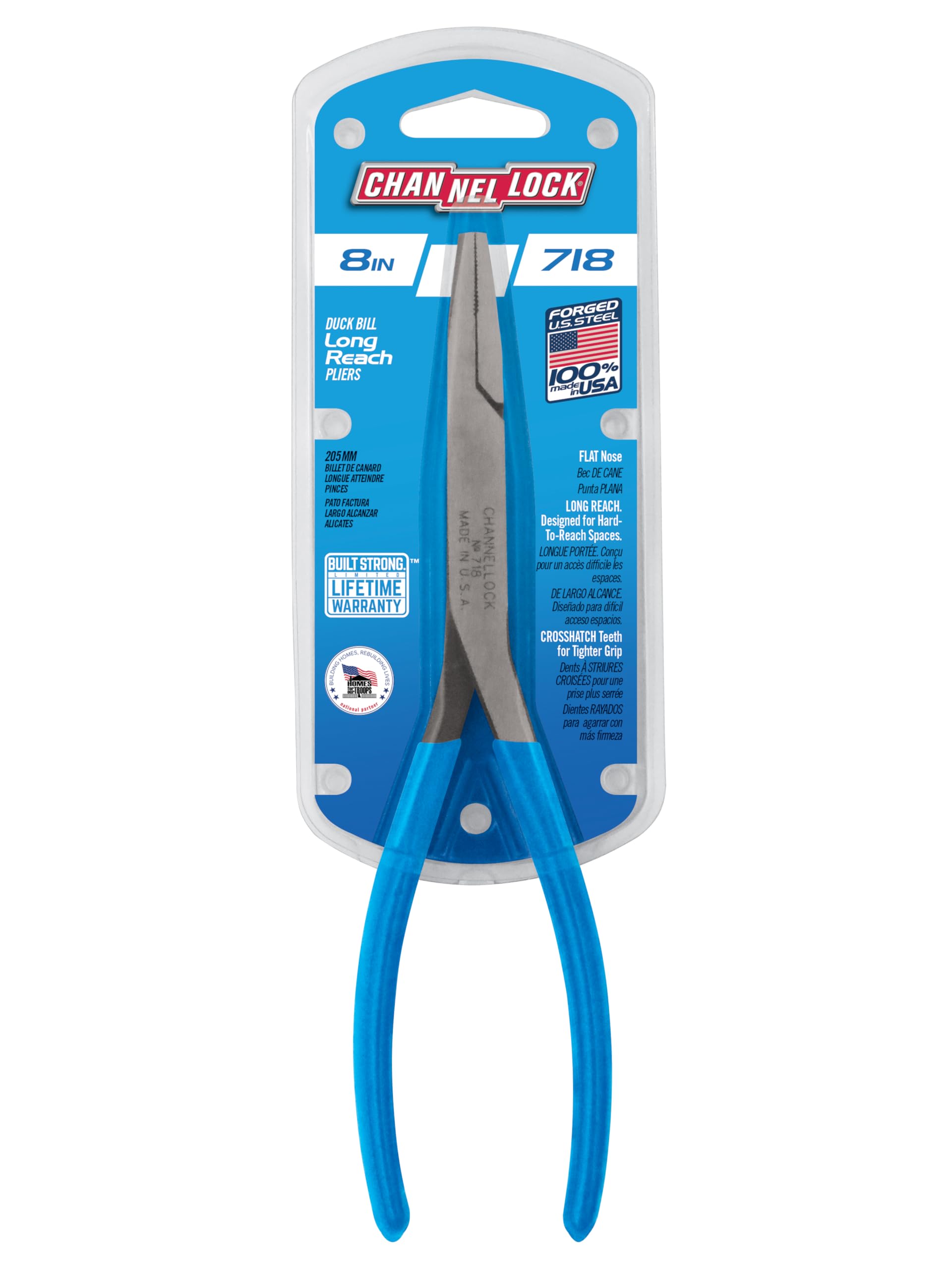 Channellock 718 long reach pliers close-up with crosshatch teeth for secure grip in hard-to-reach spots.