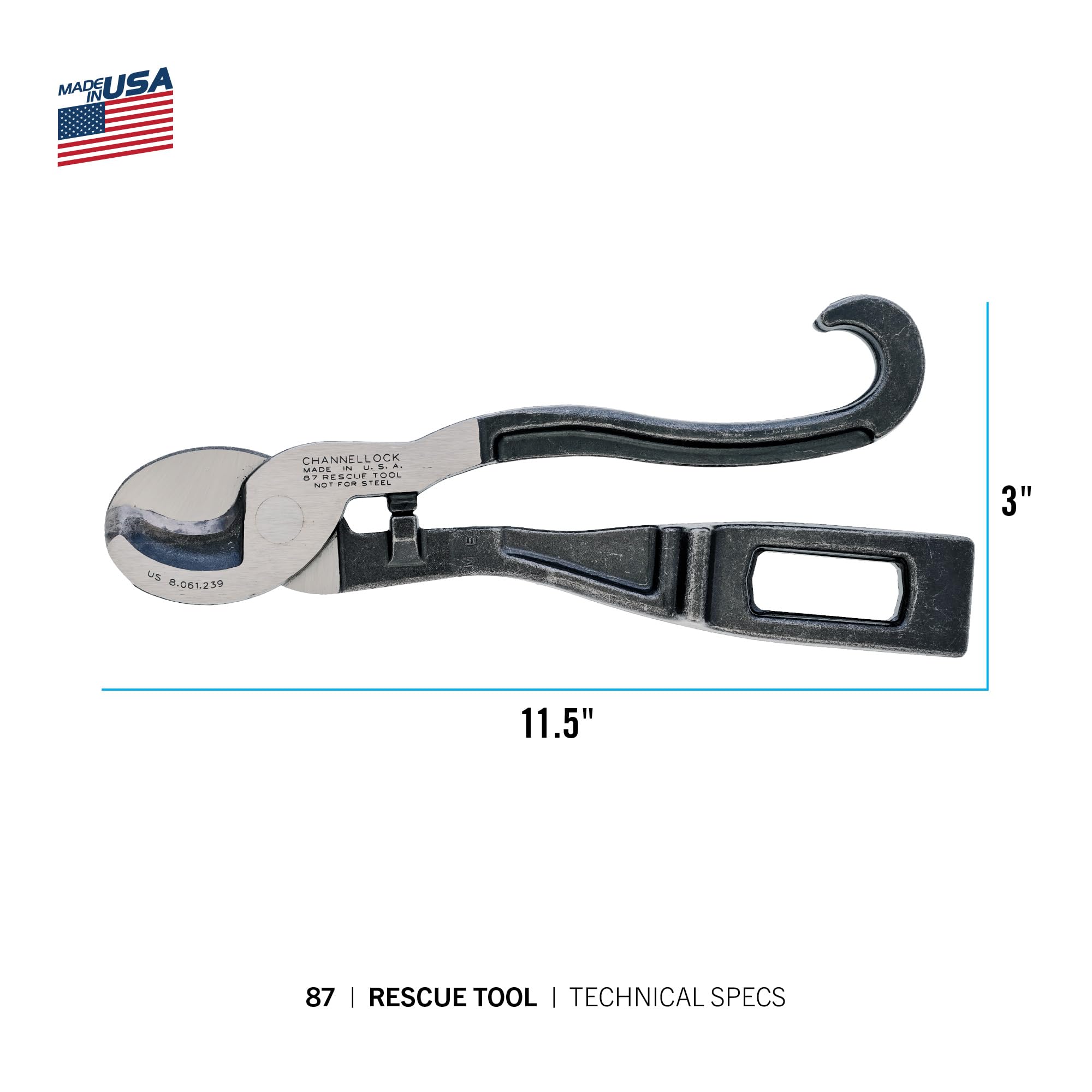 Narrow jaw profile on Channellock 87 Rescue Tool enables tight space work.