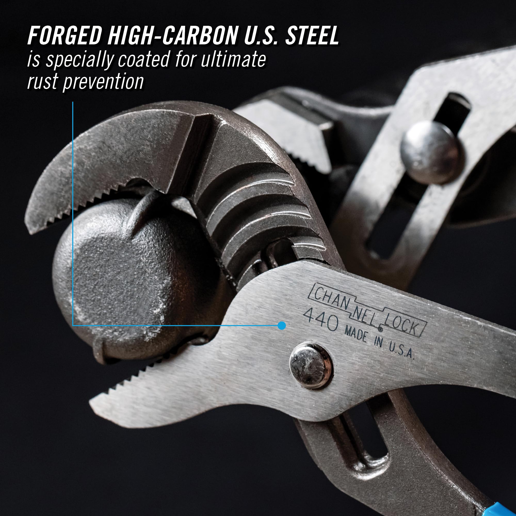 Channellock Permalock fastener eliminates nut-and-bolt failures.