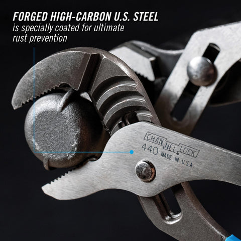 Channellock Permalock fastener eliminates nut-and-bolt failures.