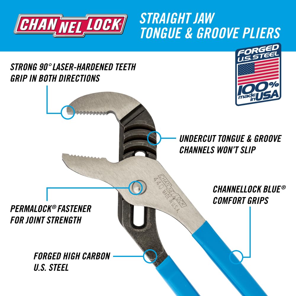 Channellock right-angle teeth provide a strong bite on dense fasteners.