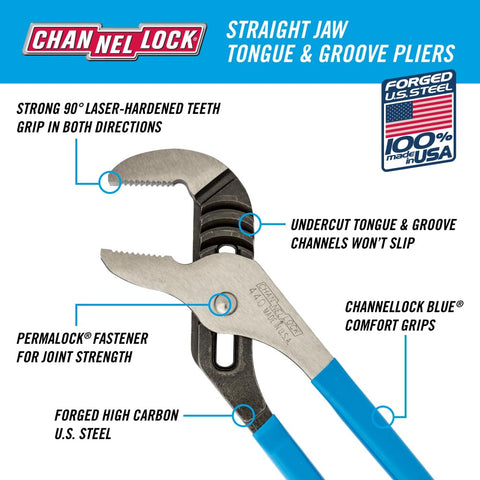 Channellock right-angle teeth provide a strong bite on dense fasteners.
