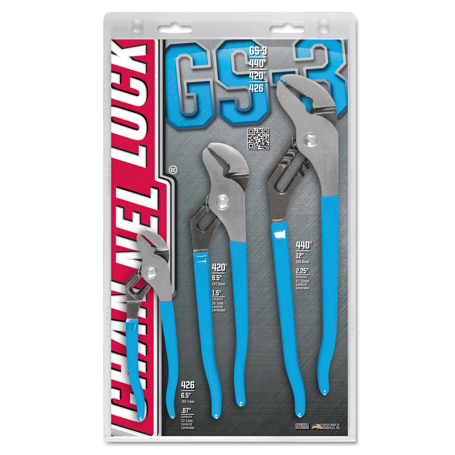 Channellock GS-3 tongue-and-groove pliers with straight jaws for secure grip on plumbing fittings.
