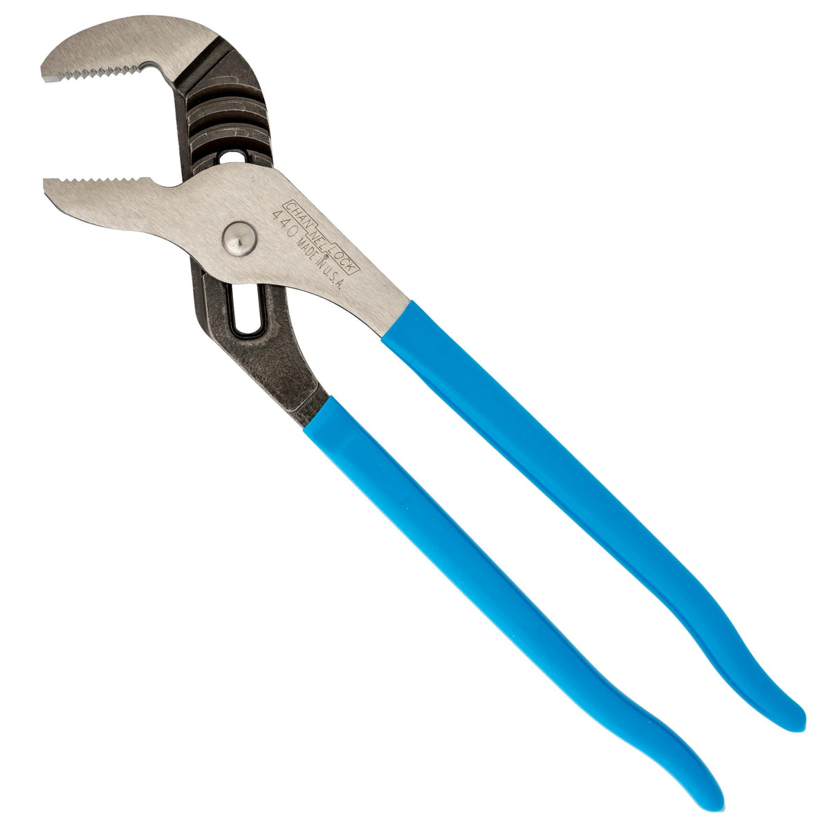 Channellock tongue and groove plier with straight jaw for secure grip on stubborn hardware.