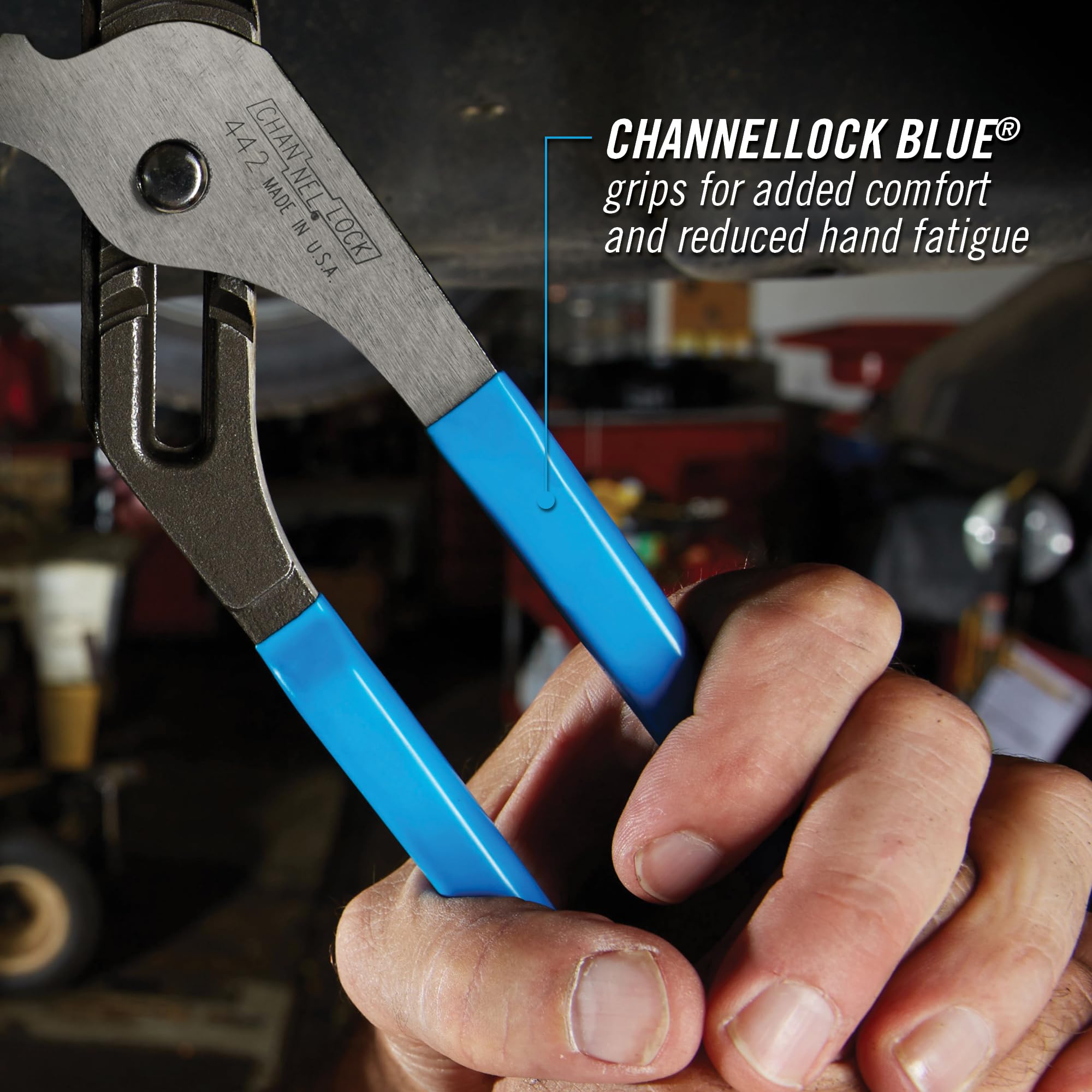 Channellock 442 color scheme blue-silver-black for easy identification.