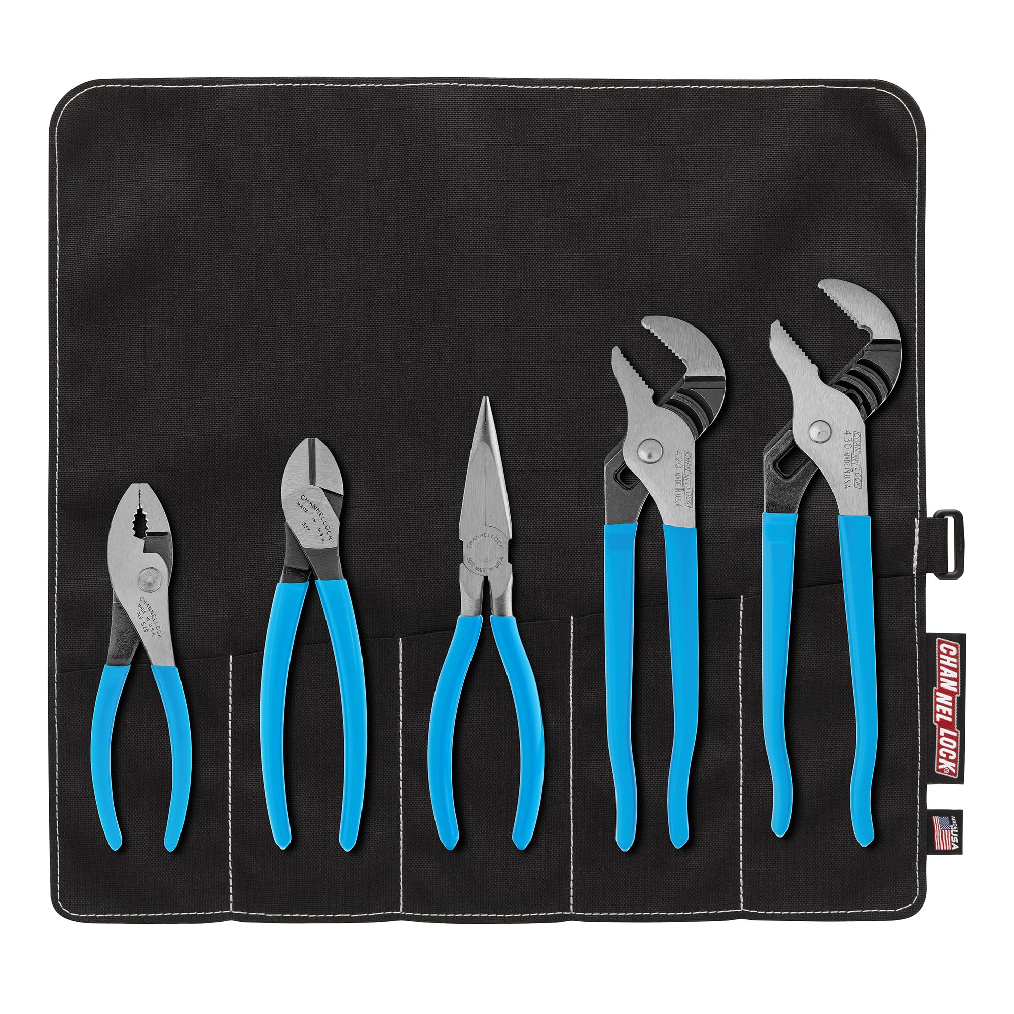 ChannelLock tool roll with five-piece plier set for organized jobs.