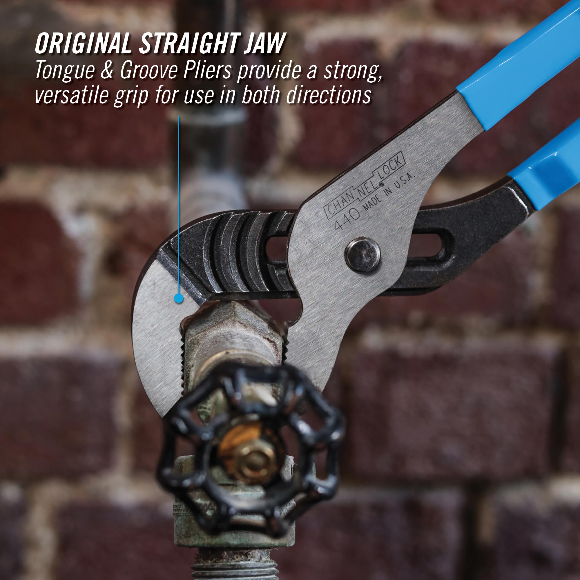 Channellock undercut tongue-groove design prevents slips during use.