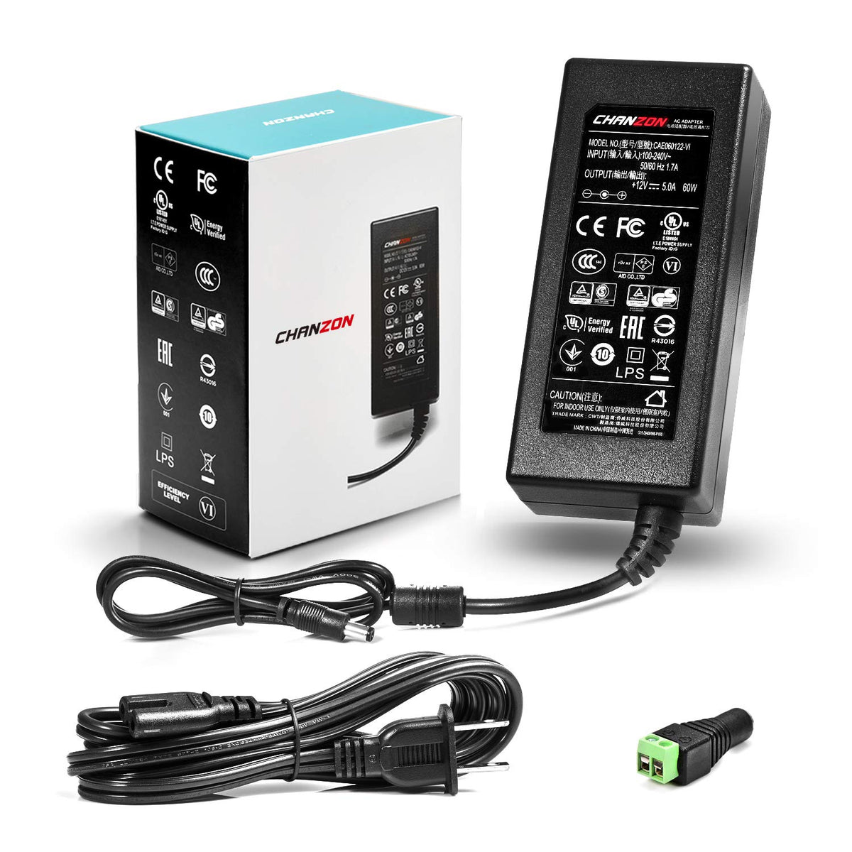 CHANZON 12V 5A power supply front view showing compact 60W design for reliable use