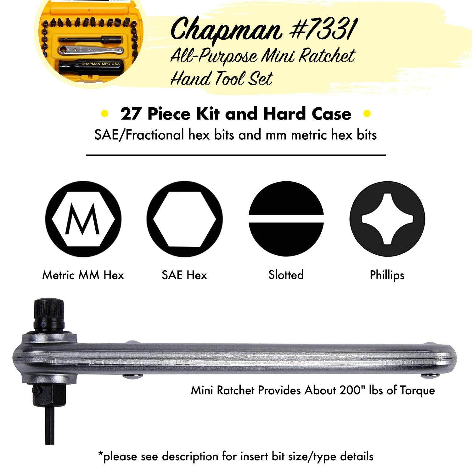 Chapman MFG 7331 Phillips bits for secure screw driving.