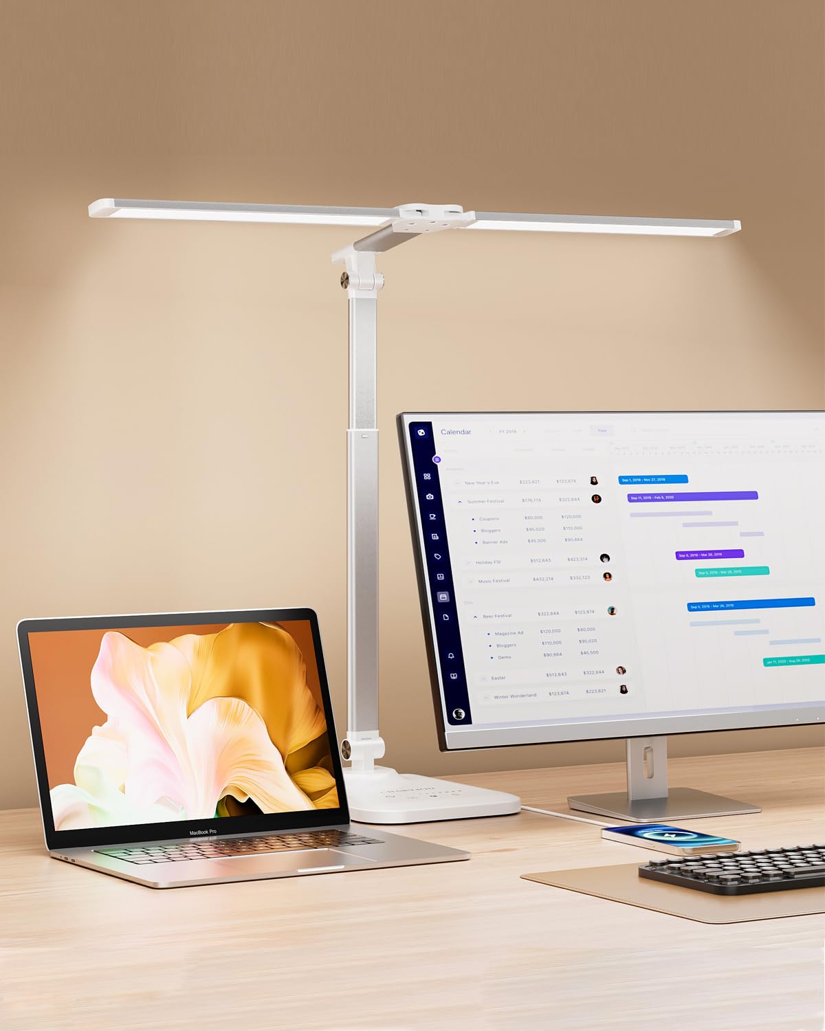 CHARYJOD LED desk lamp with height-adjustable extension arms for precise task lighting.