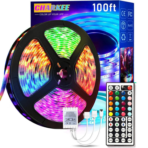 CHARKEE LED lights illuminate a bedroom with a long 100 ft strip for ambient color