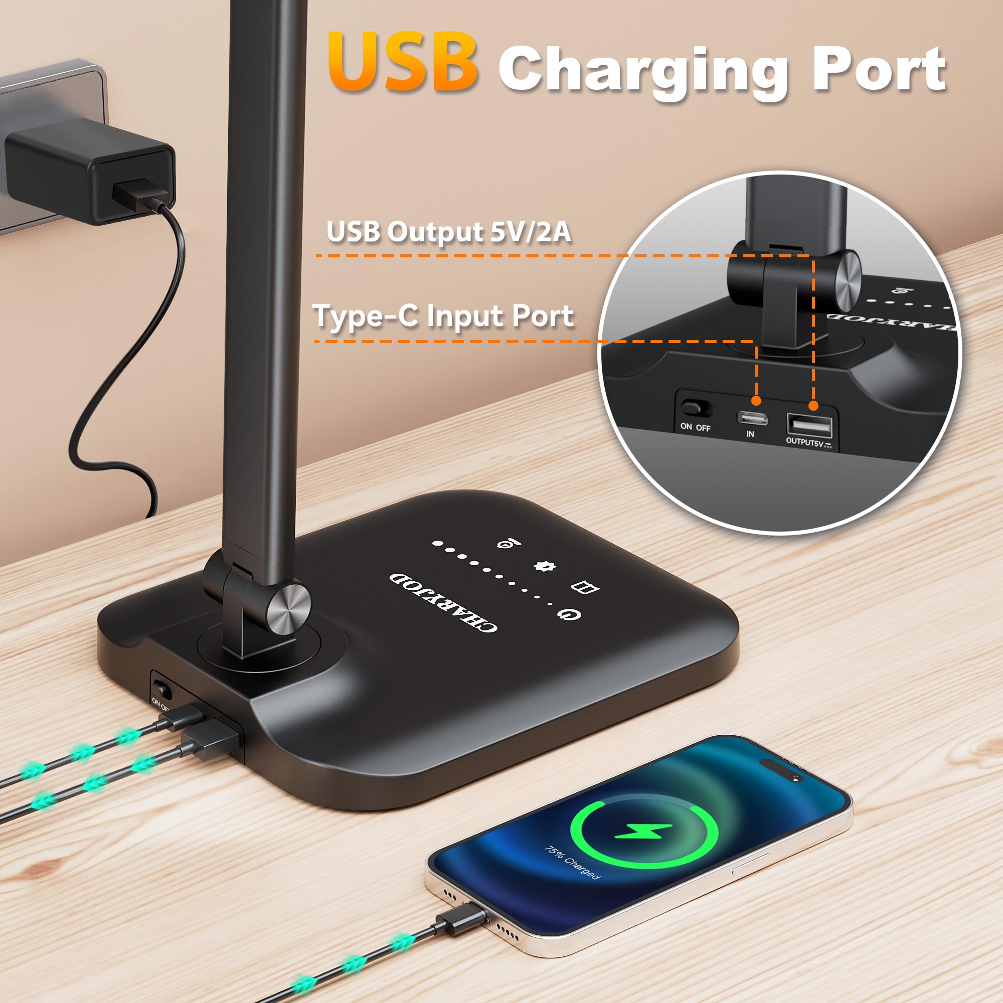 CHARYJOD LED desk lamp with 180-degree swivel and 90-degree tilt for flexible illumination