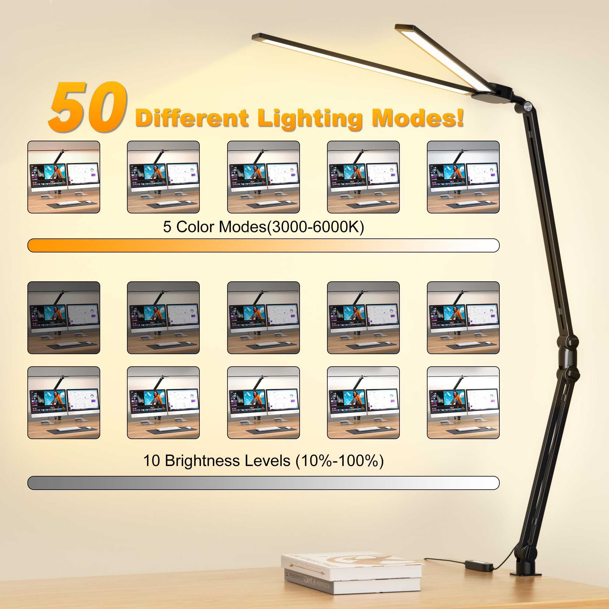 CHARYJOD lamp showing 31.5-inch extendable arms for broad workspace lighting.