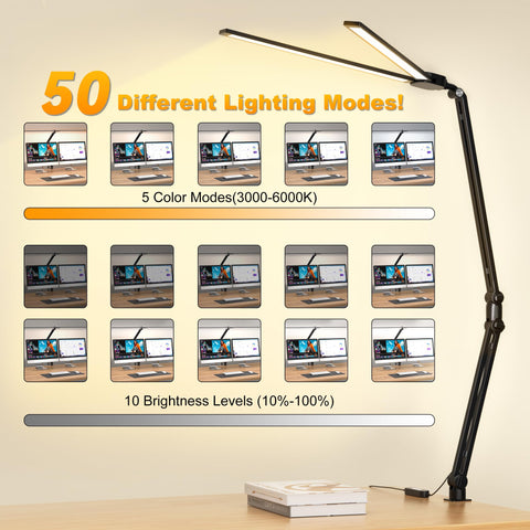 CHARYJOD lamp showing 31.5-inch extendable arms for broad workspace lighting.