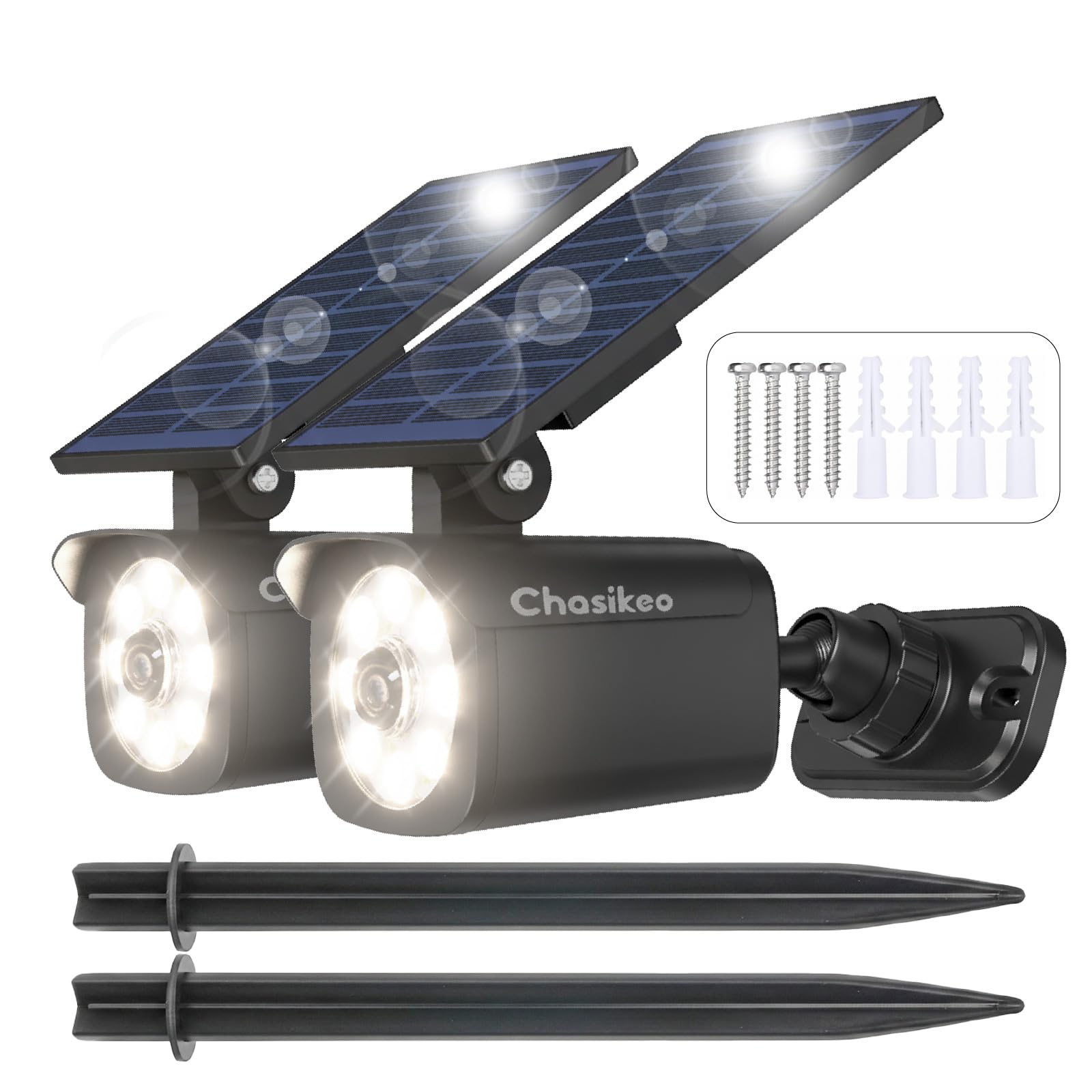 Chasikeo solar motion light front view provides bright nighttime visibility.