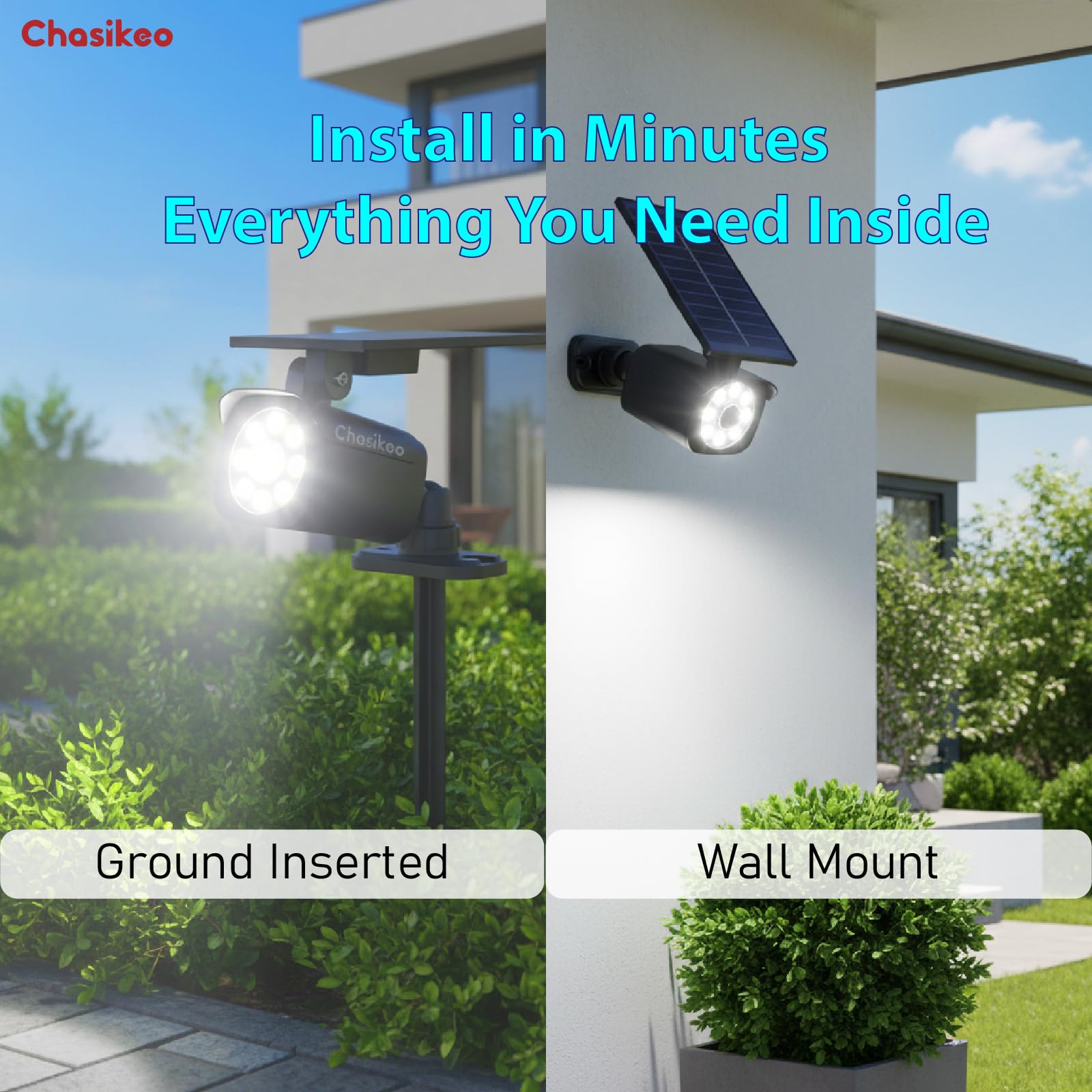 Chasikeo installation supports wall mounting or ground staking options.