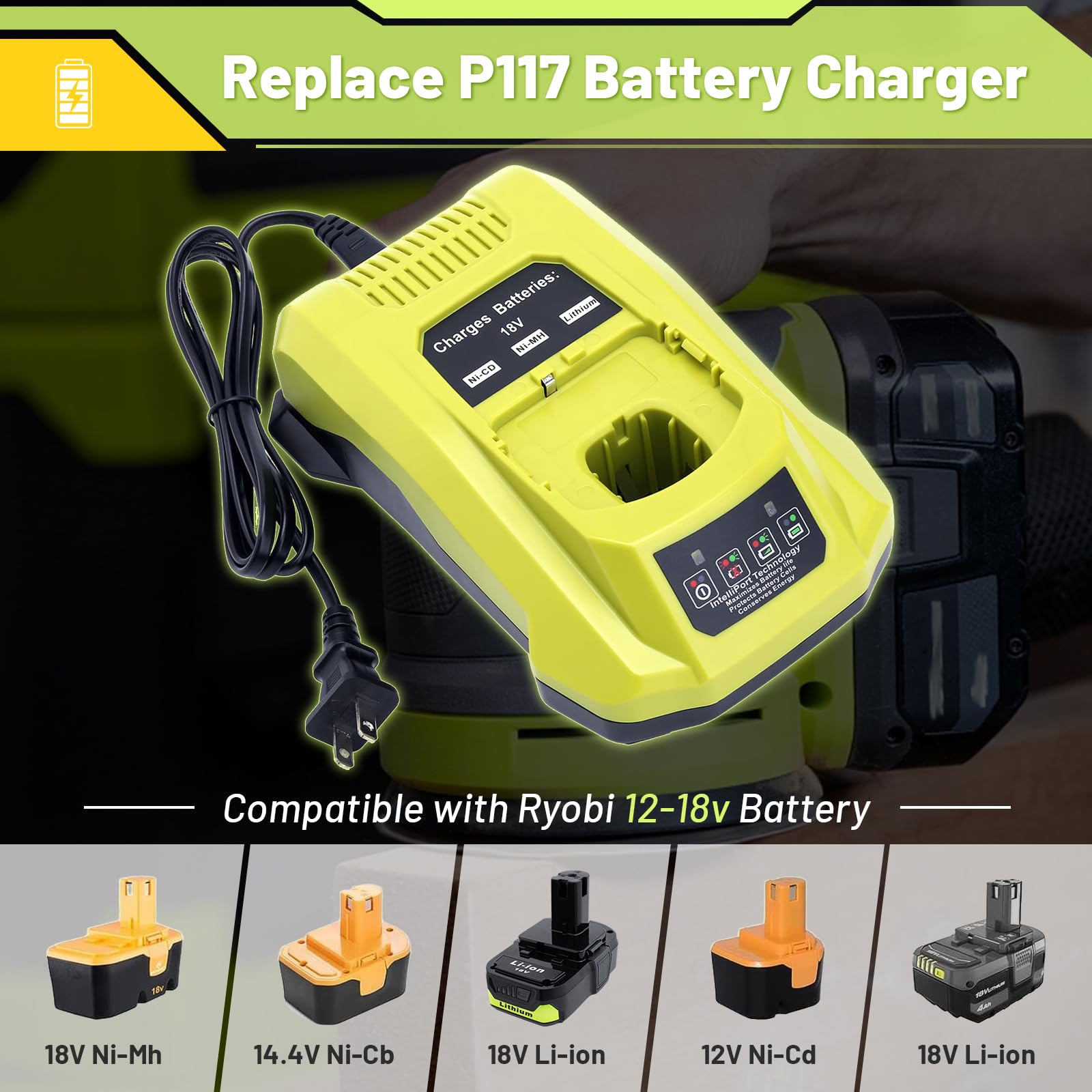 Cheerlark 18V ONE+ charger image highlighting compatibility with Ryobi tools.