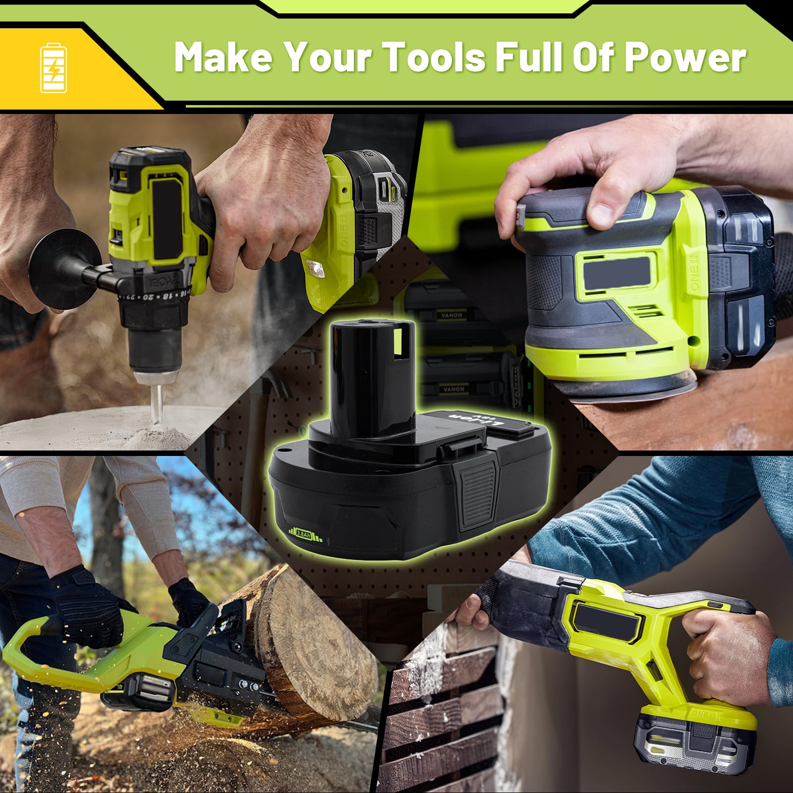 Cheerlark long-life battery paired with Ryobi tools for dependable performance.