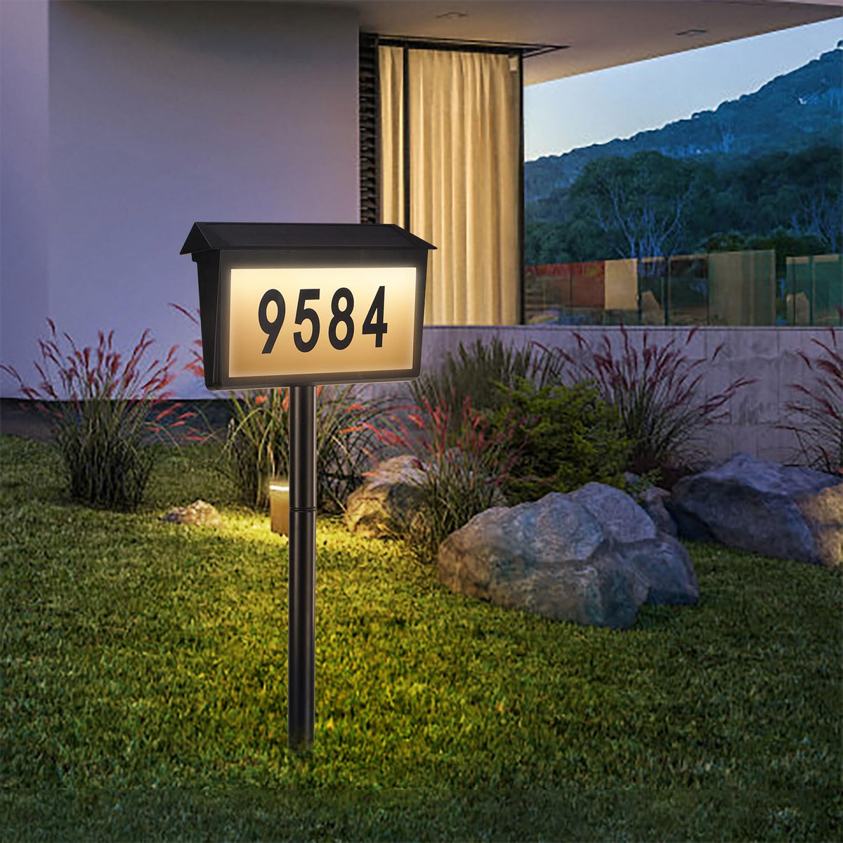 CHEGIF solar address sign front view enhances home visibility at dusk