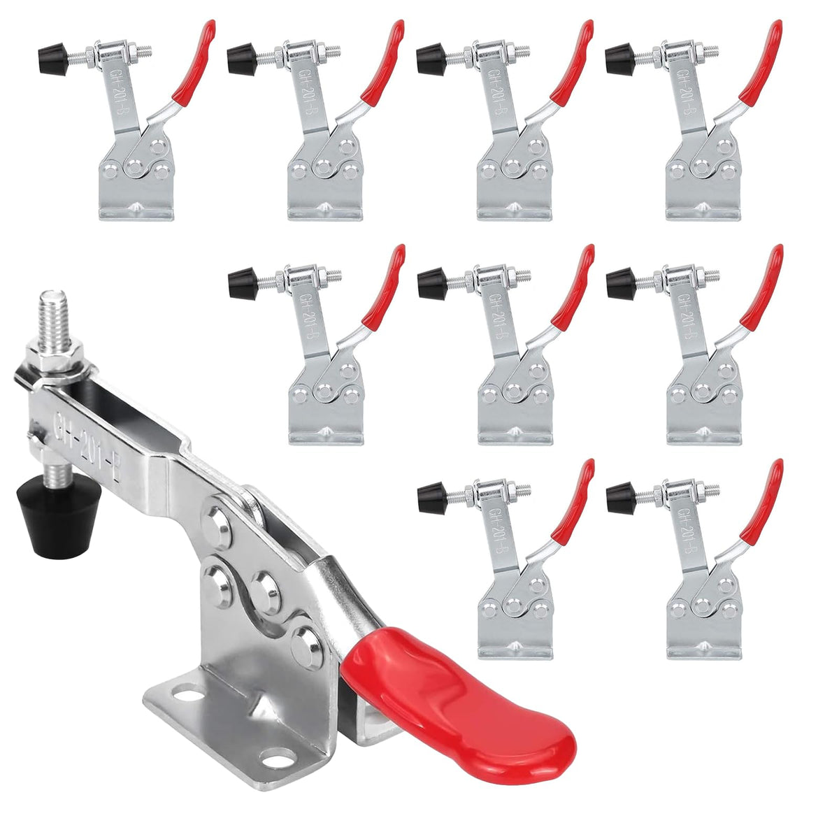 Chfine toggle clamp 10-pack on workbench securing wood pieces securely