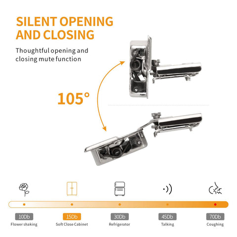 Chibery 105-degree opening hinges for full cabinet access.