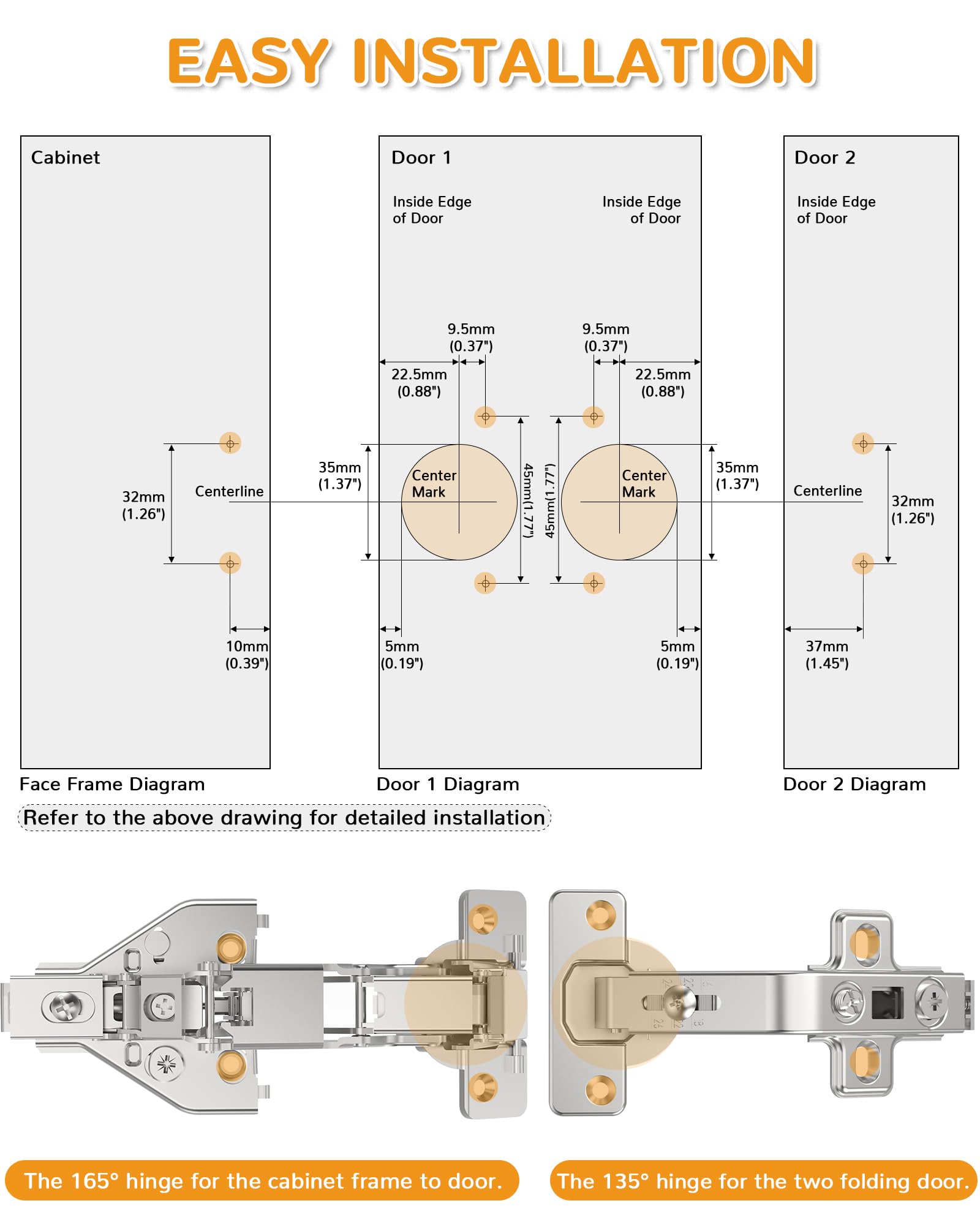 Chibery 3-way adjustable 165-degree hinge allows height, depth, and overlay tweaks for a perfect fit.
