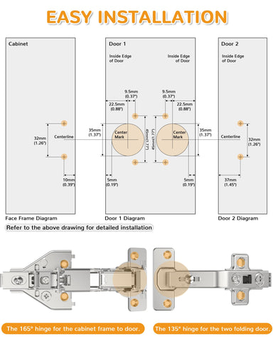 Chibery 3-way adjustable 165-degree hinge allows height, depth, and overlay tweaks for a perfect fit.