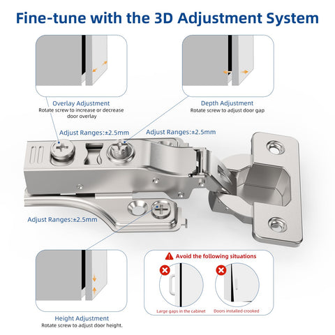 Chibery hinge with three-way adjustment for precise alignment.