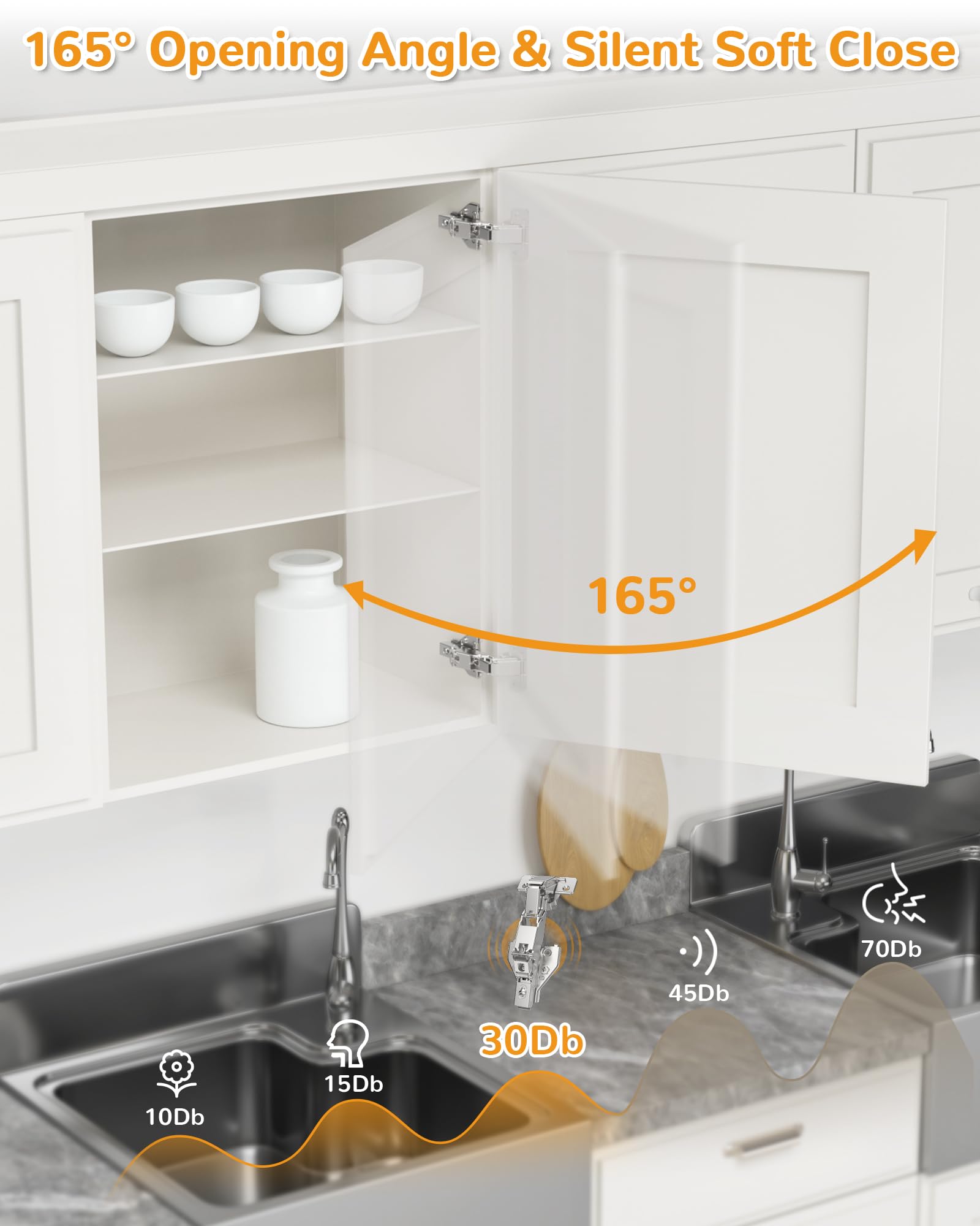 Chibery 4-way adjustable 135-degree hinge ensures precise height, depth, overlay, and gap alignment.