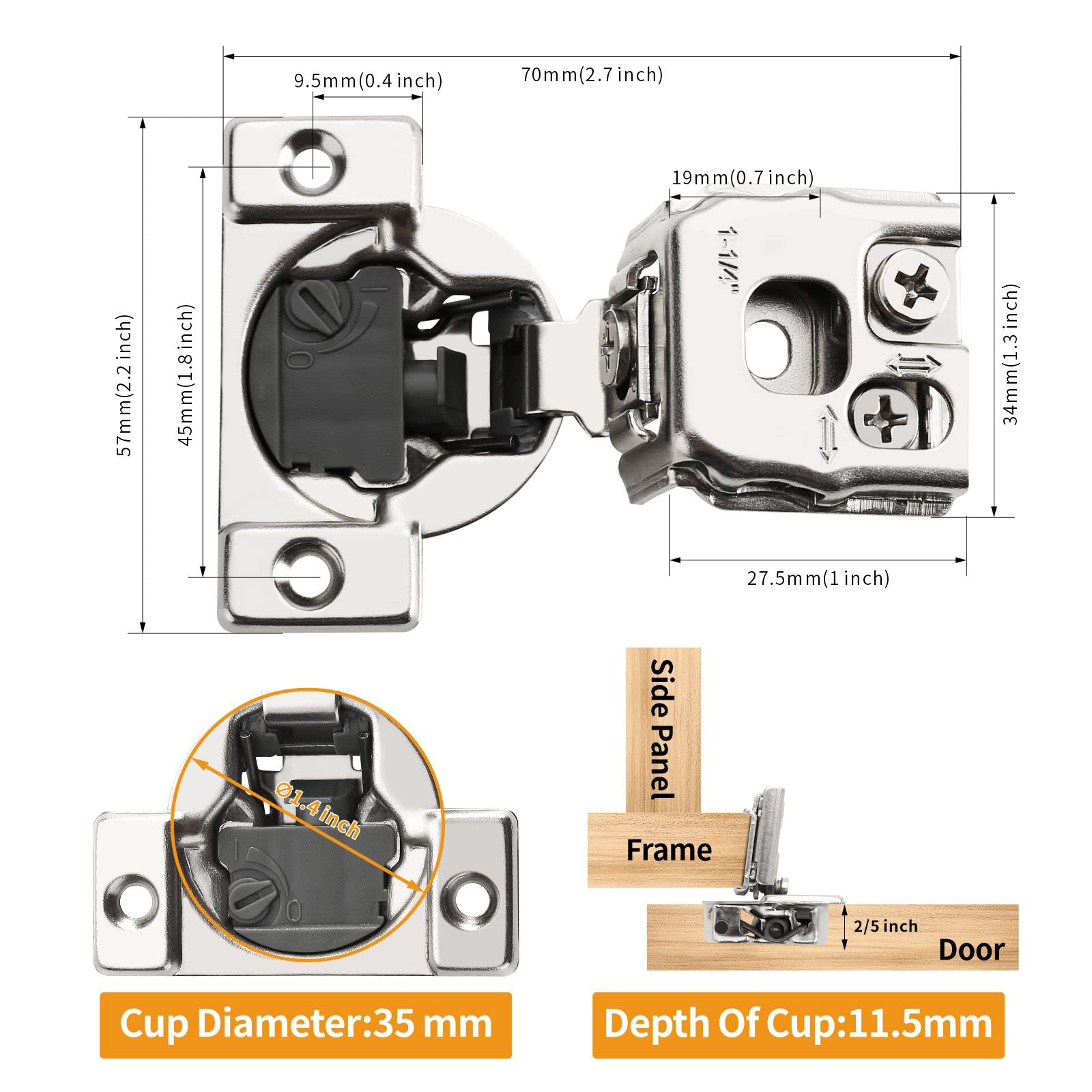 Chibery face-frame hinge set with dowels and screws for easy installation.