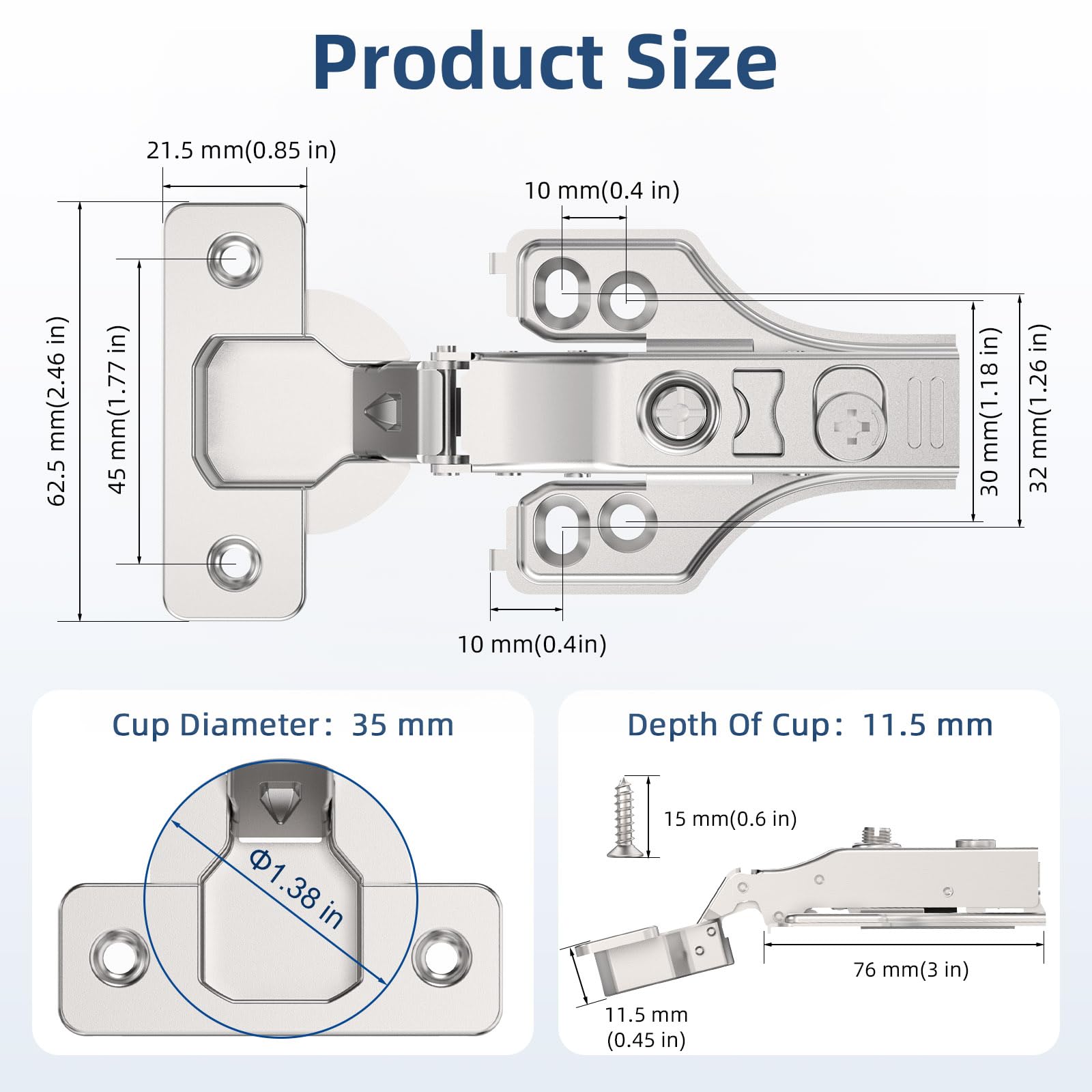 Chibery hinges fit 17-21 mm overlays across cabinet styles.
