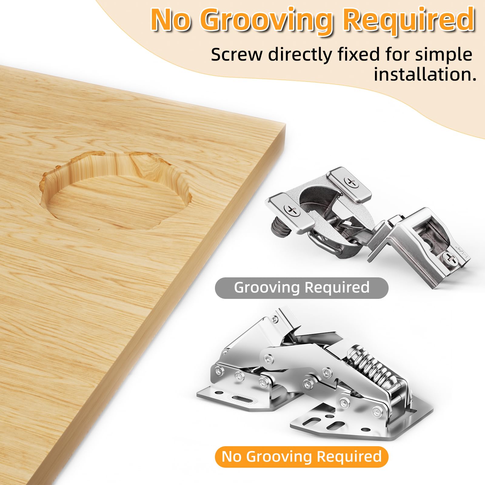 Chibery surface-mount installation hinge shown without cup holes for faster upgrades.
