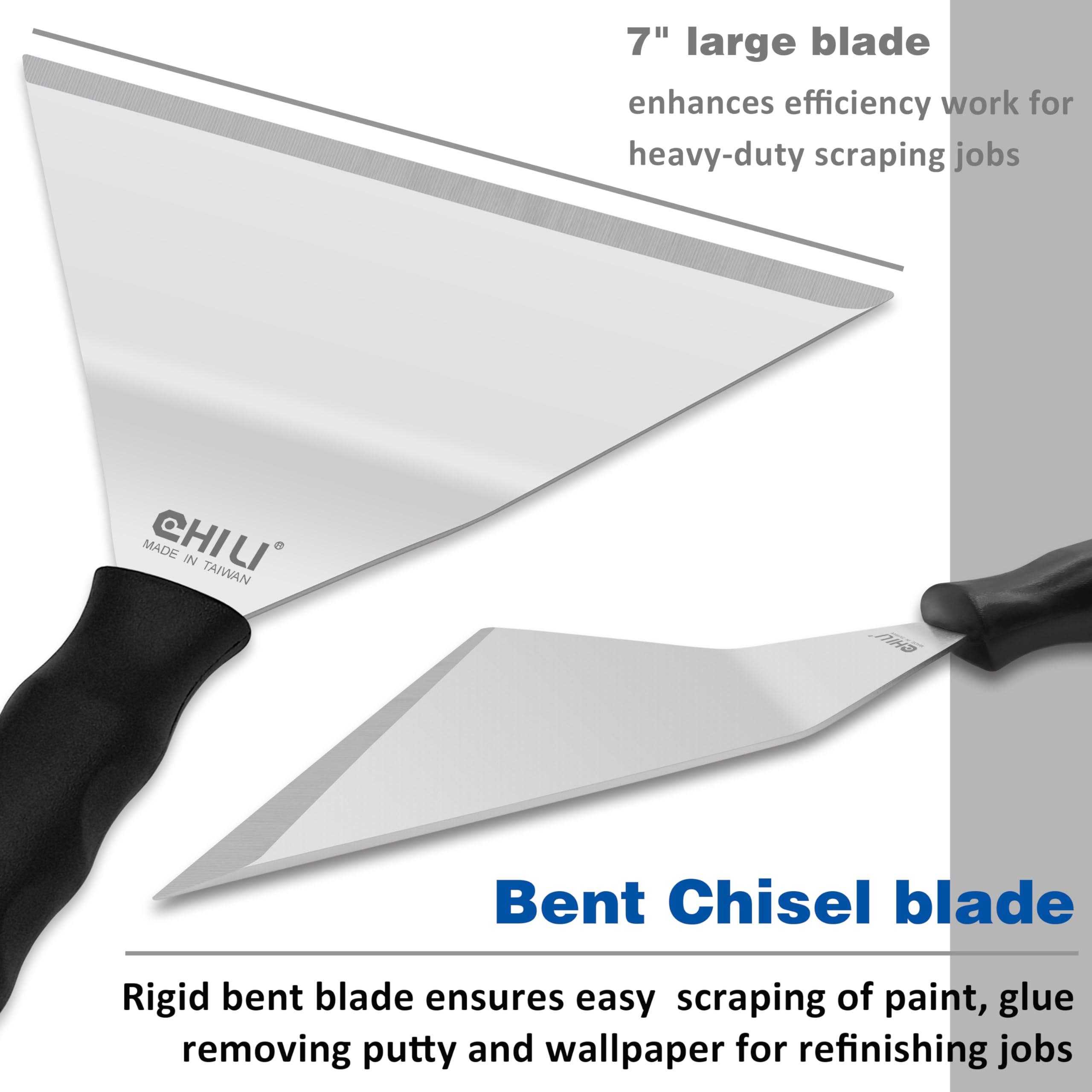 CHILI TOOLS bent blade eases paint and putty scraping