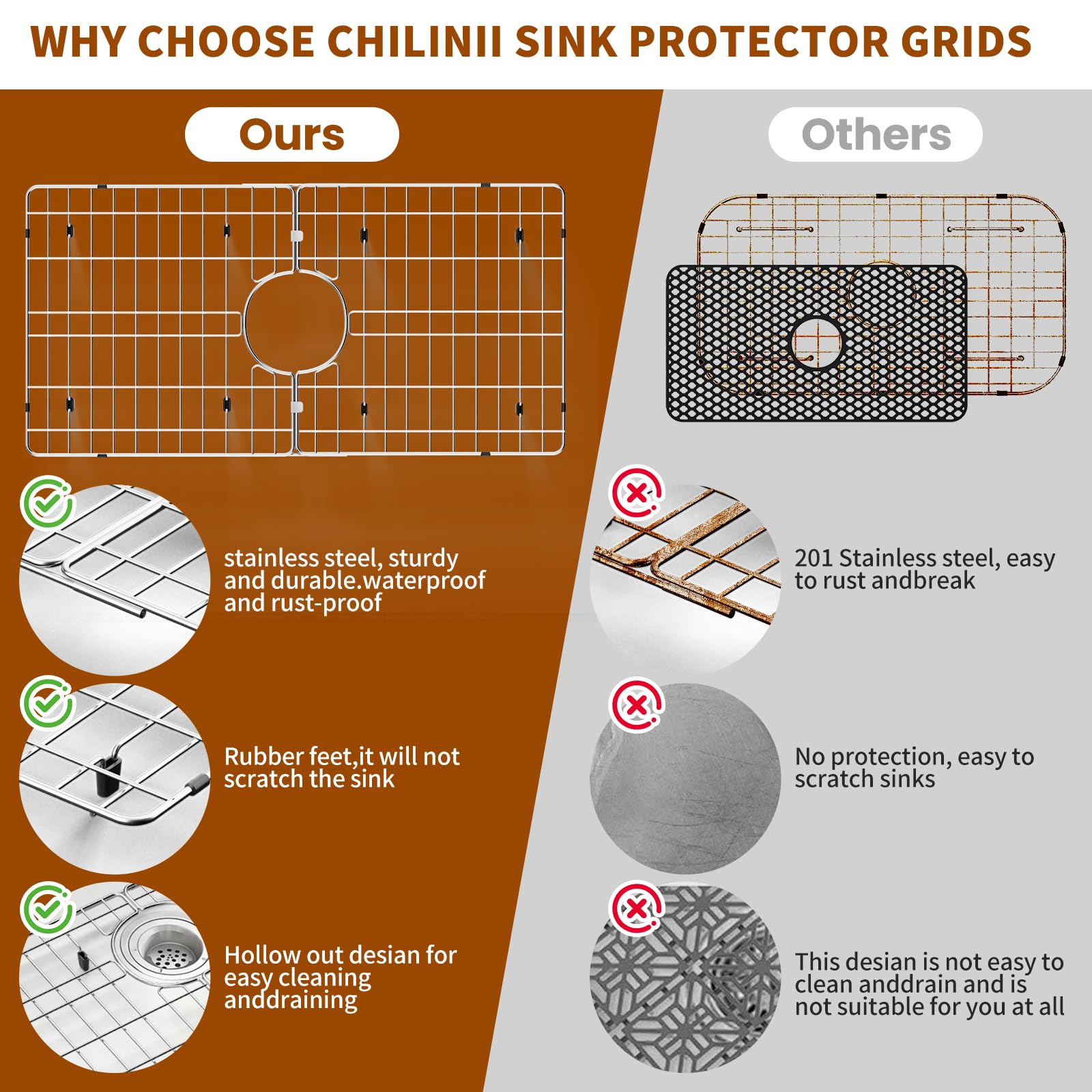 Chilinii anti-scratch raised grid minimizes marks and noise during washing.