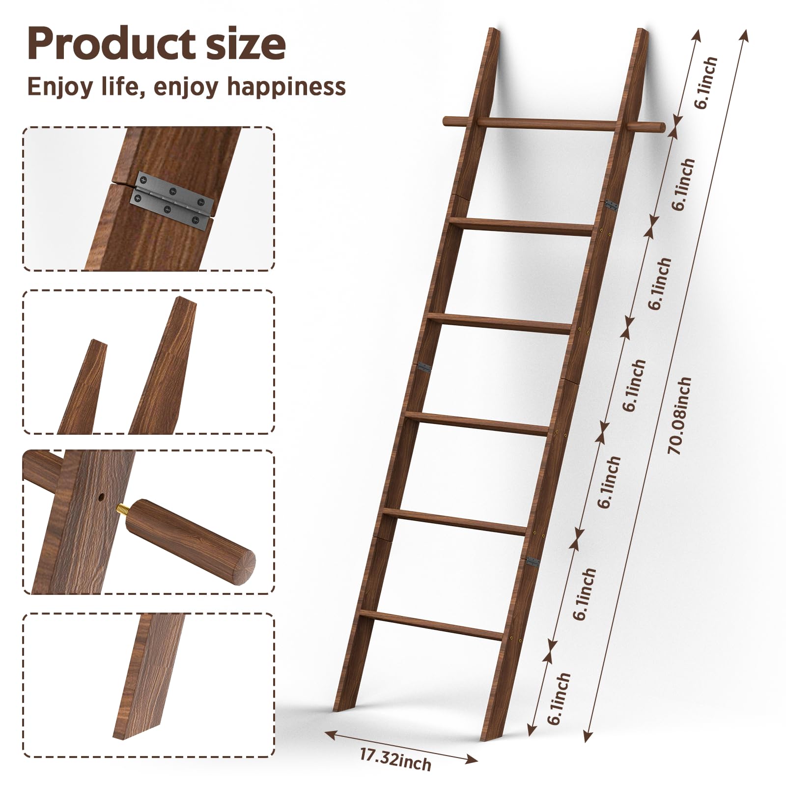 chilinii Farmhouse 6ft ladder with removable hooks, customizable hanging options
