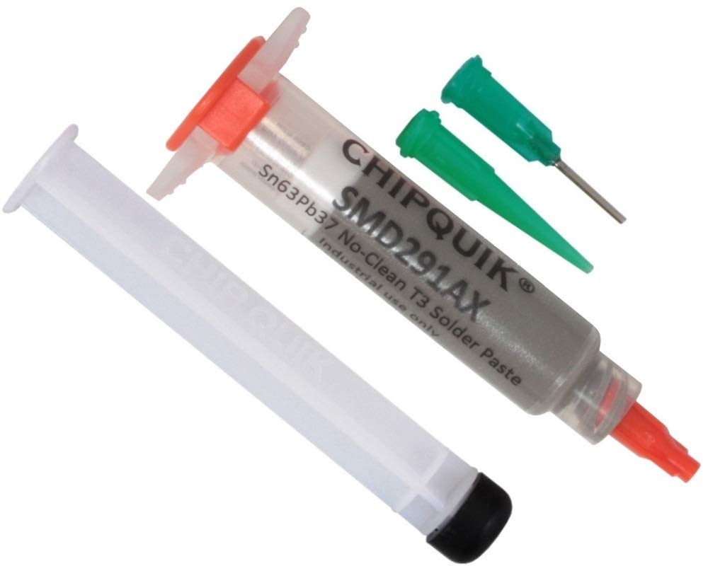 Chip Quik SMD291AX solder paste in a 5cc syringe for precise no-clean SMT application