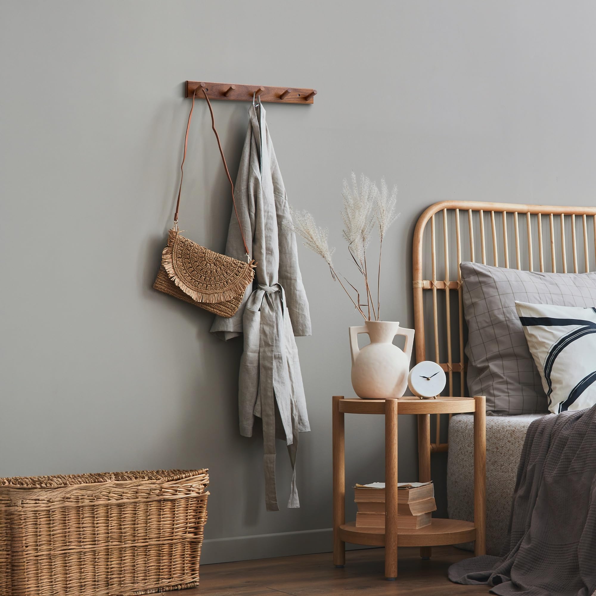 Chiumay teak wall hooks in humid bathroom with water resistant finish.