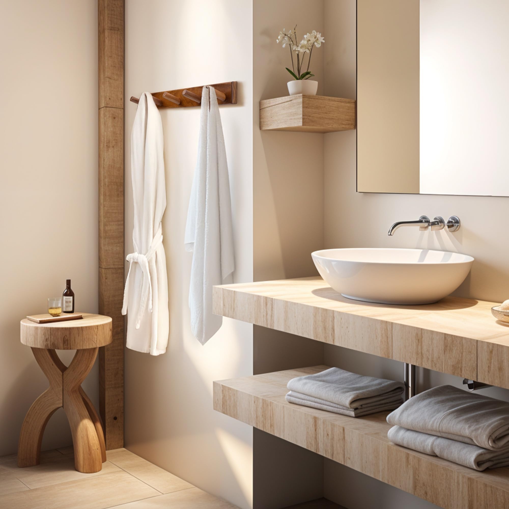 Chiumay teak wall hooks with towels in a bedroom setup.