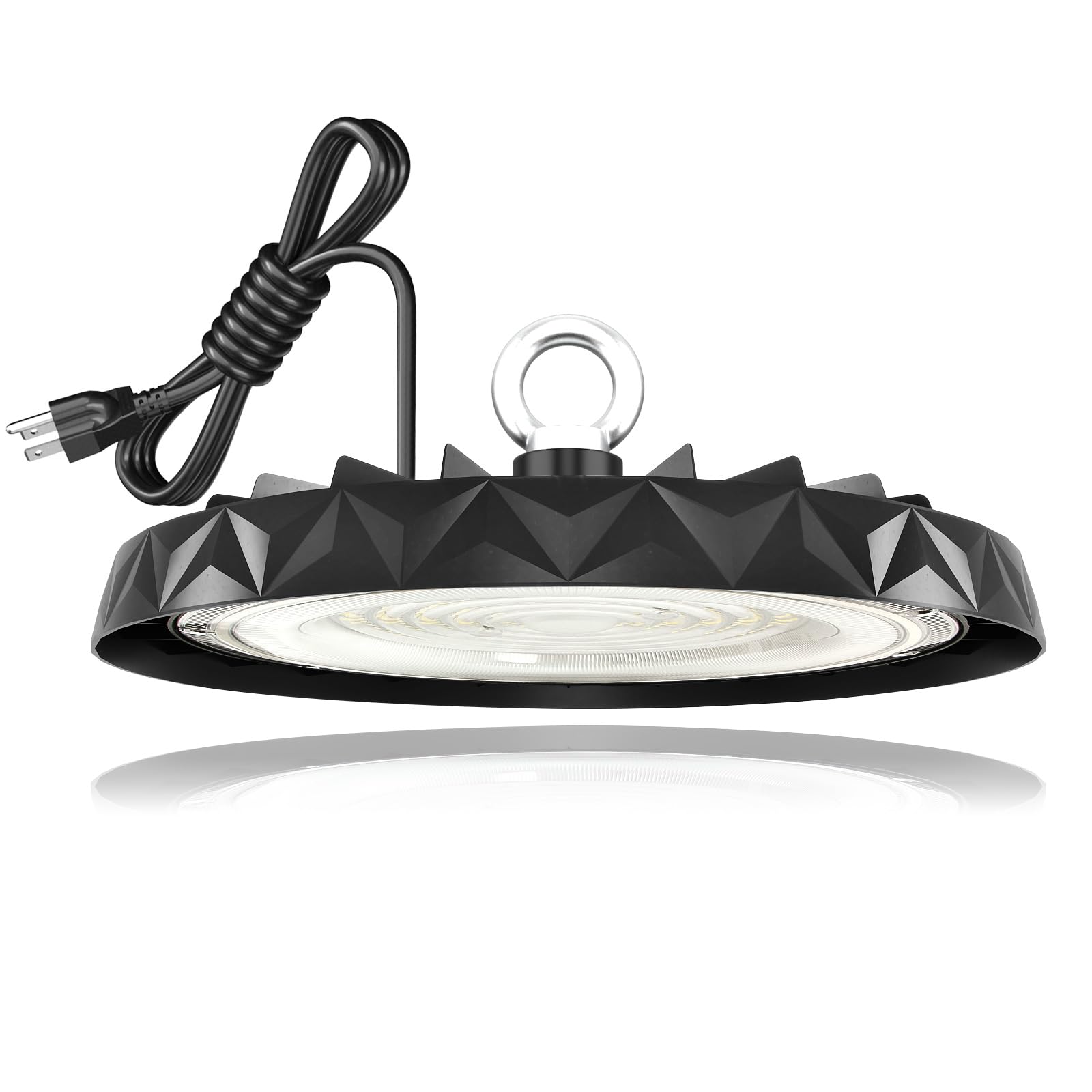 CHMLT LED High Bay Light front view with geometric black housing for bright warehouse lighting